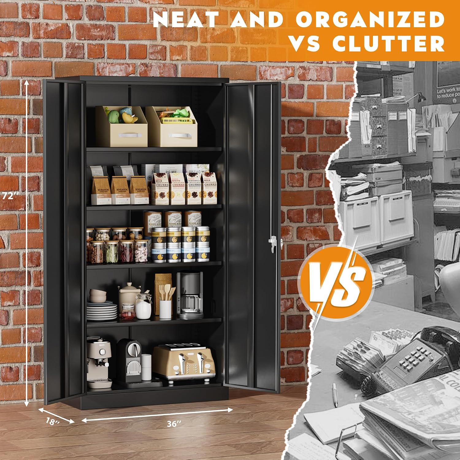 Greenvelly Steel SnapIt Storage Cabinet, 72' Locking Metal Garage Storage Cabinet with 4 Adjustable Shelves, 2 Doors and Lock for File, Office, Garage, Home (Black)
