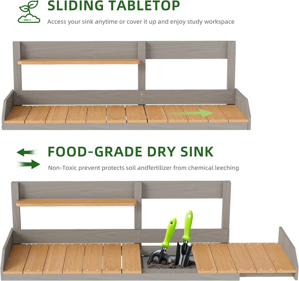 Wooden Potting Bench Table with Sink, Outdoor Garden Table Work Bench with Shelf, Workstation for Outside Patio Lawn
