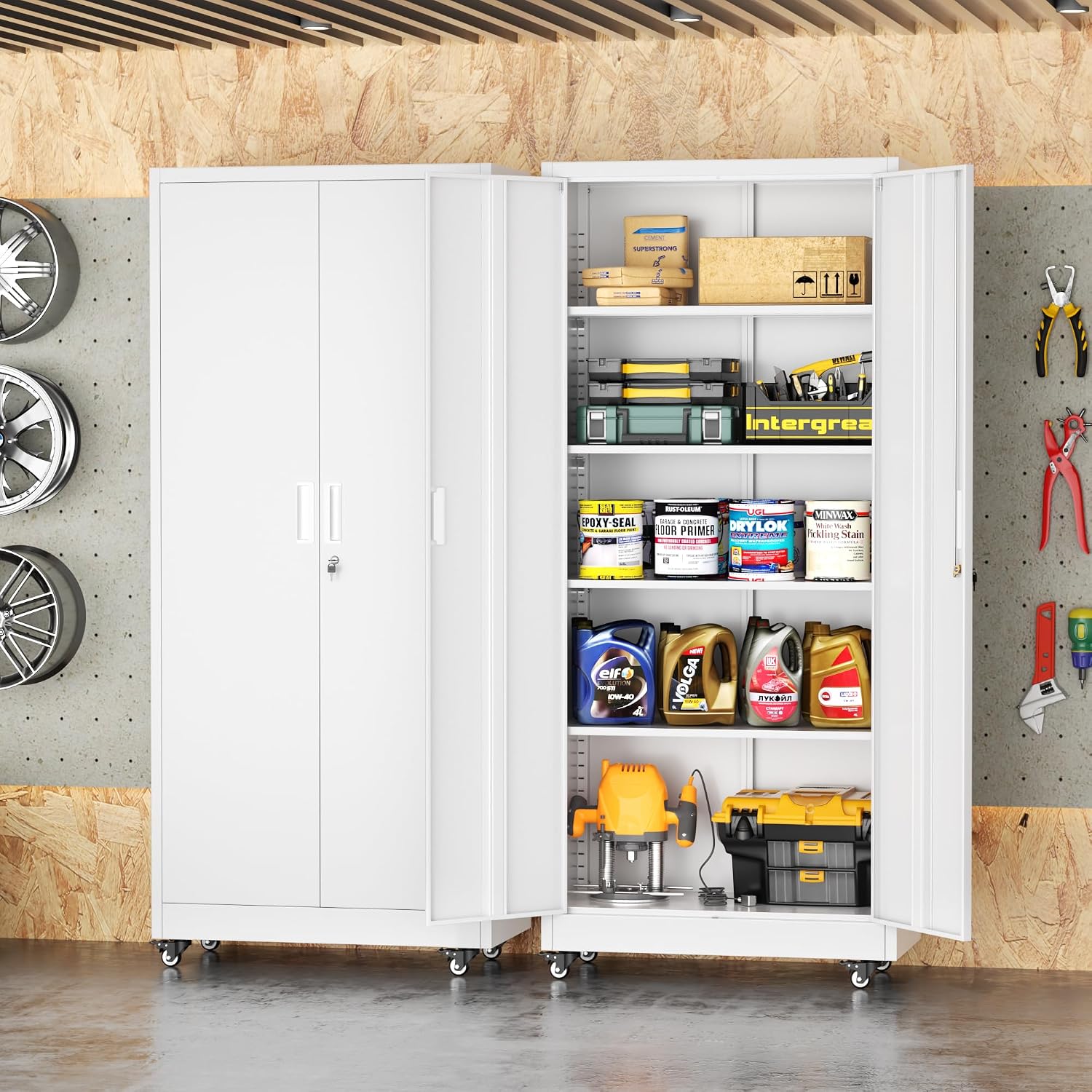 Superday Garage Storage Cabinet with Wheels，73' H Metal Storage Cabinet with Doors and Adjustable Shelves, Lockable Steel Utility Tool Cabinets for Garage, Home Office, Kitchen(White)
