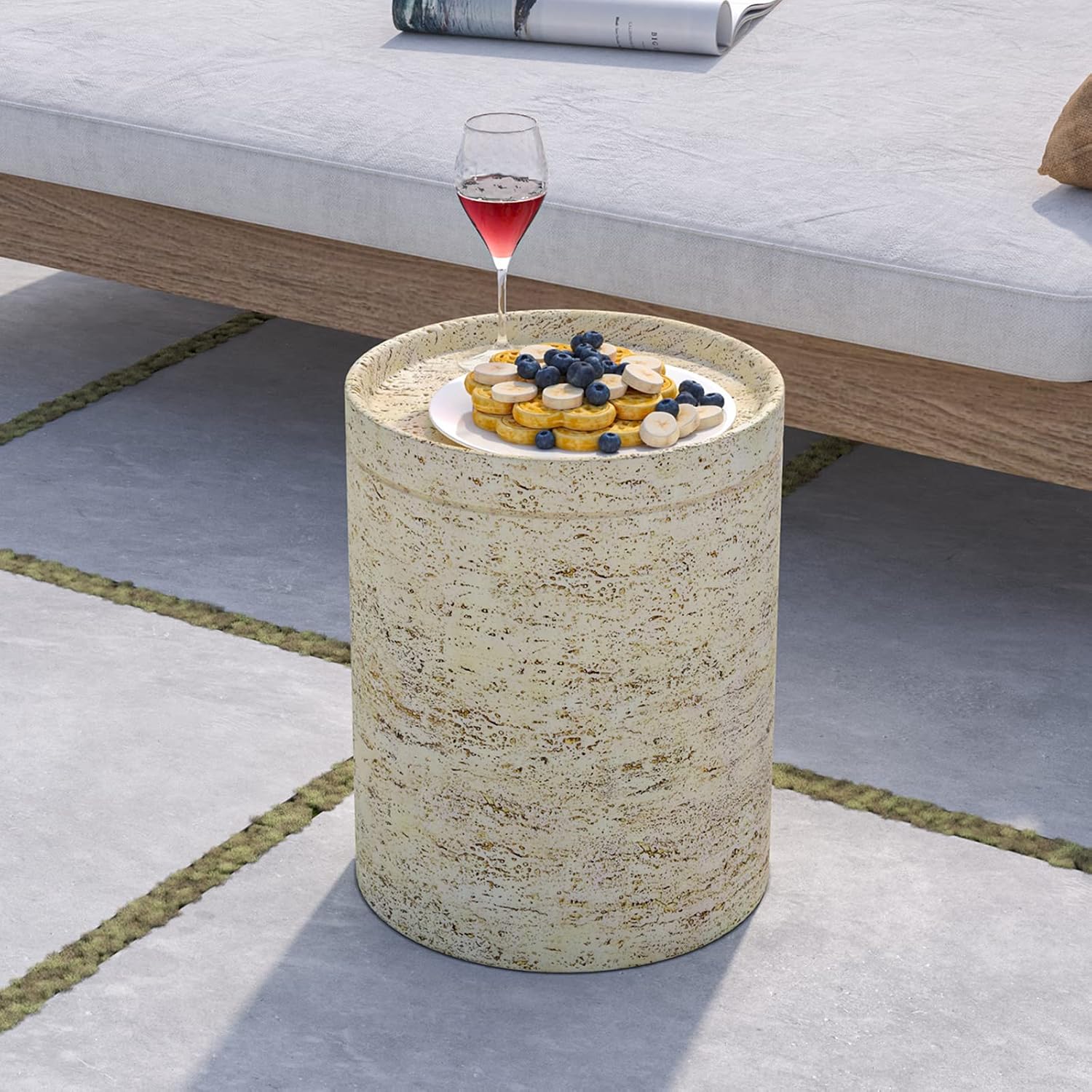 COSIEST 2 Pieces Outdoor Side Table, Set of 2 Cylinder Shaped MgO Patio End Table, Lightweight Accent Table with Tray Top, Round Plant Stand for Garden and Deck, Beige