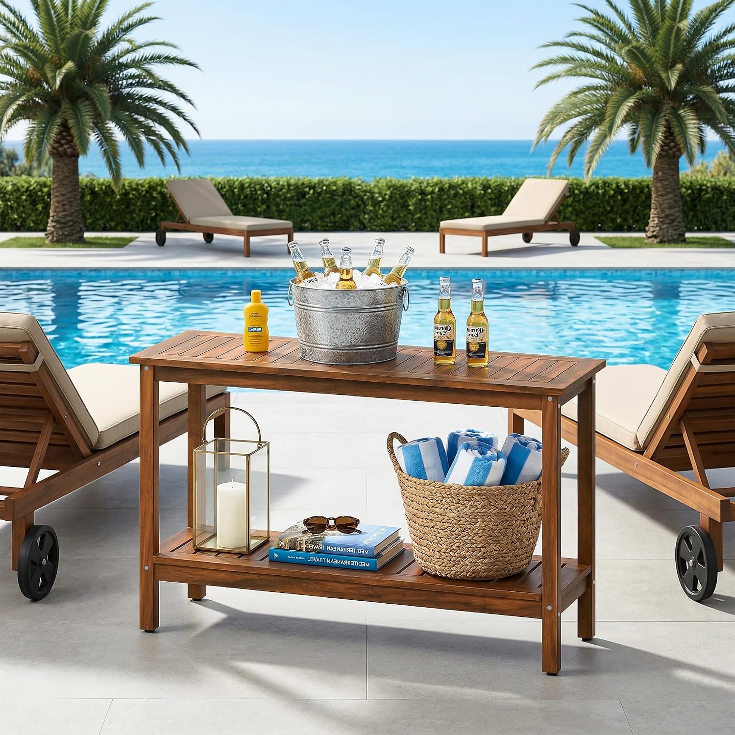 SUPER DEAL 2-Tier Solid Wood Side Table, Outdoor Console Table with Storage Shelf, Adjustable Feet Buffet Bar Organizer for Patio Porch, All-Weather Natural