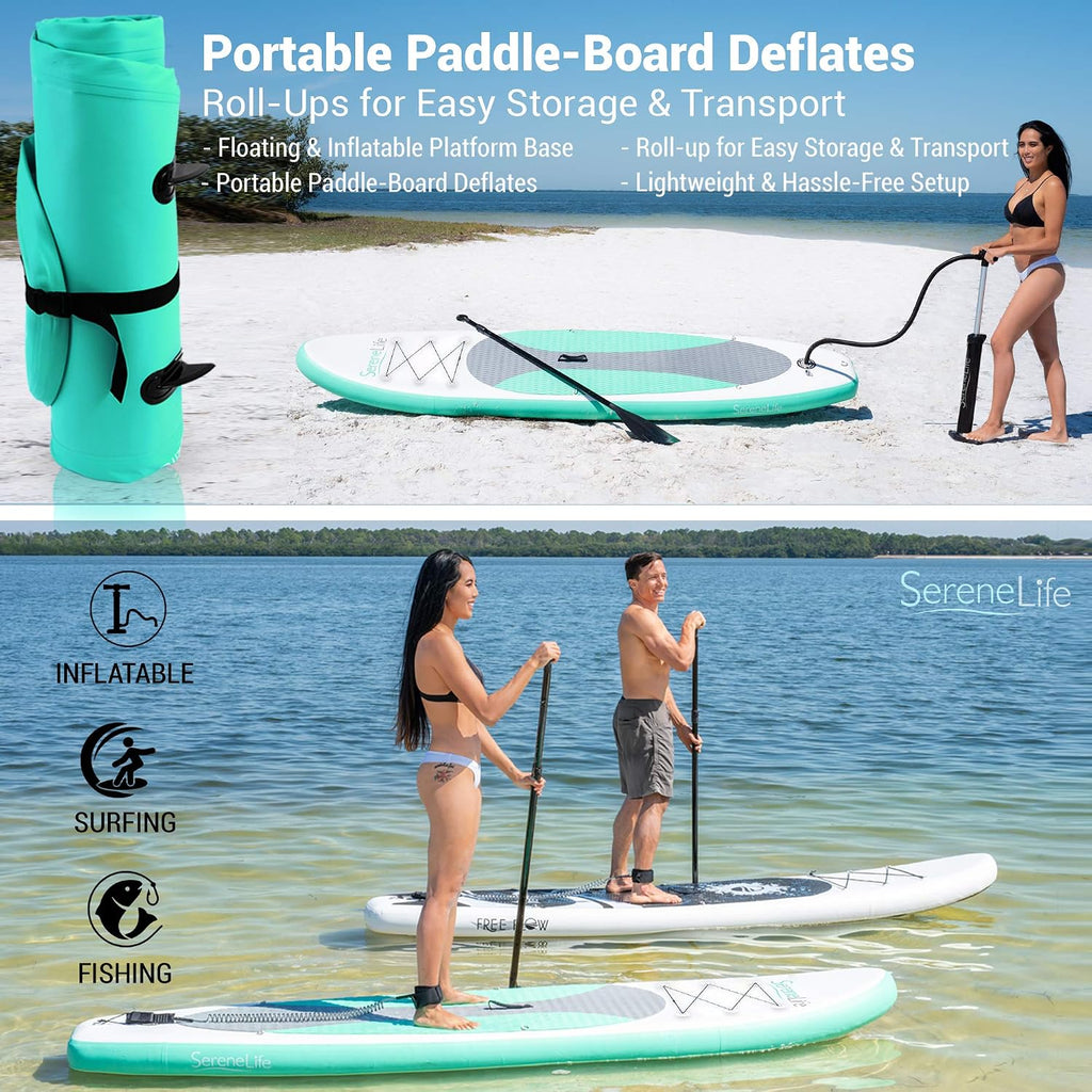 SereneLife Inflatable Stand Up Paddle Board and Detachable Seat - SUP Paddleboard Set for Adults and Youth, 32' Wide Design with Non-Slip EVA Deck Pad and Marine-Grade Materials, 350 lbs Capacity