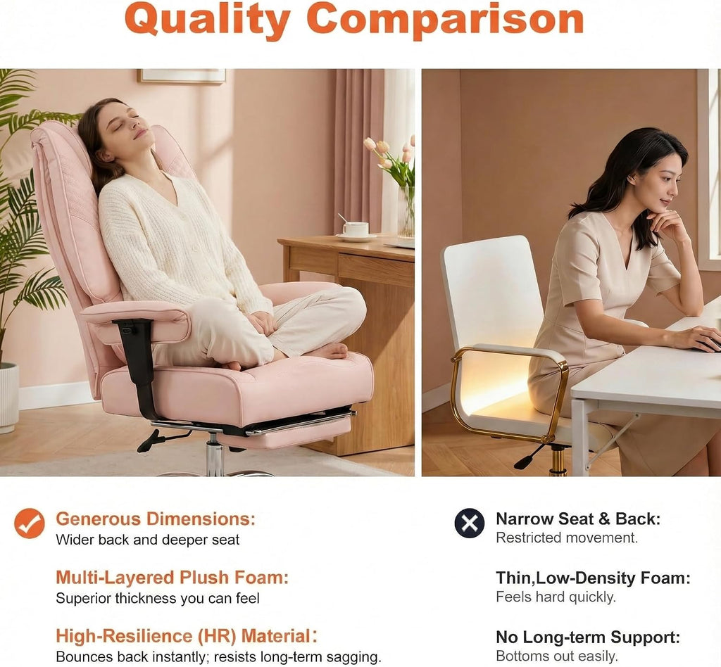 EXCEBET Big and Tall Office Chair 400lbs Wide Seat, Leather High Back Executive Office Chair with Foot Rest, Ergonomic Chairs Lumbar Support for Lower Back Pain Relief (Light Pink)
