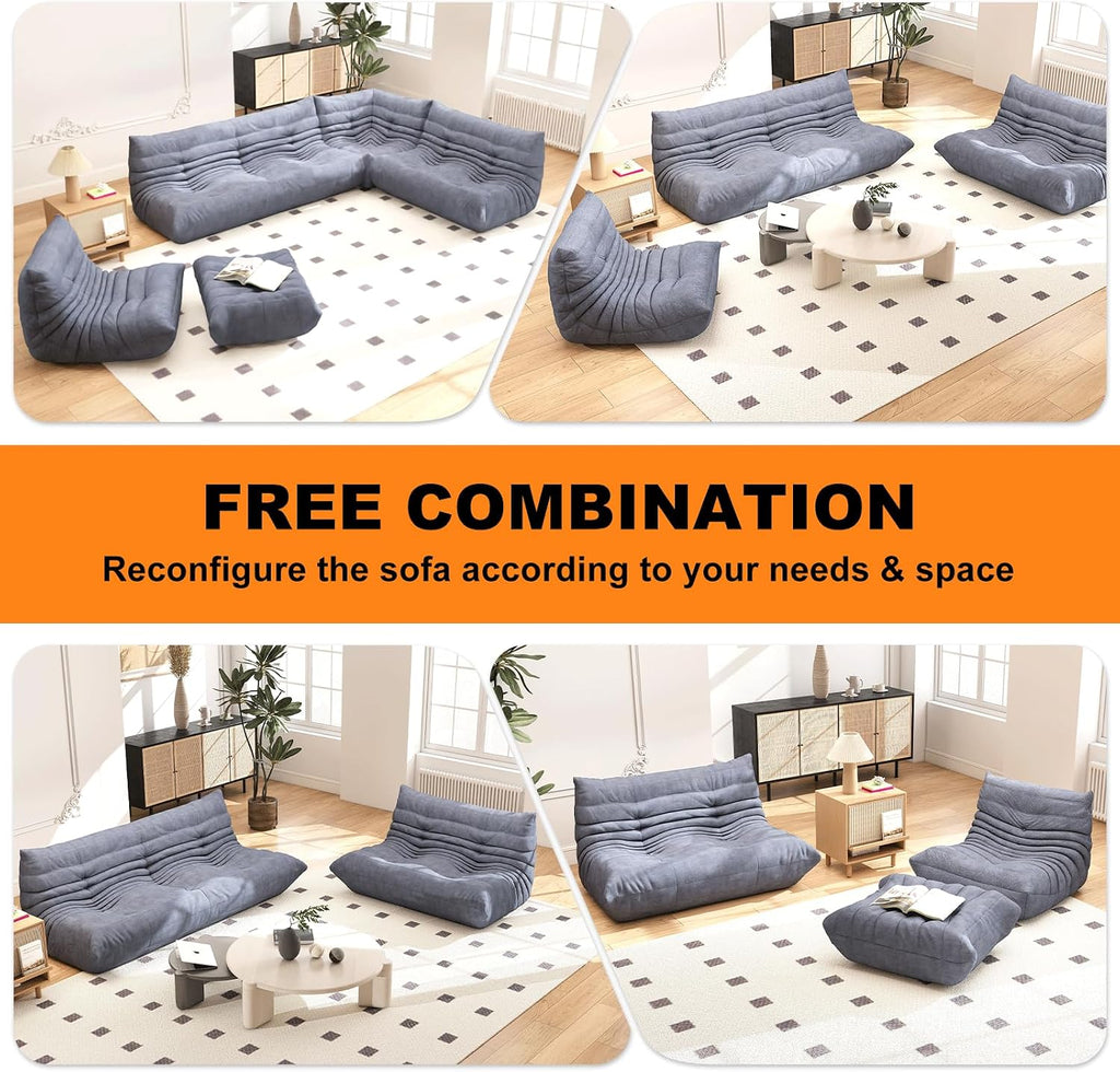Full Foam Three Seater Sofa – Bean Bag Chairs Floor Couch for Adults, Waterproof Upholstery, Armless Fireside Lounge Chair for Living Room, Apartment, or Office (Grey)