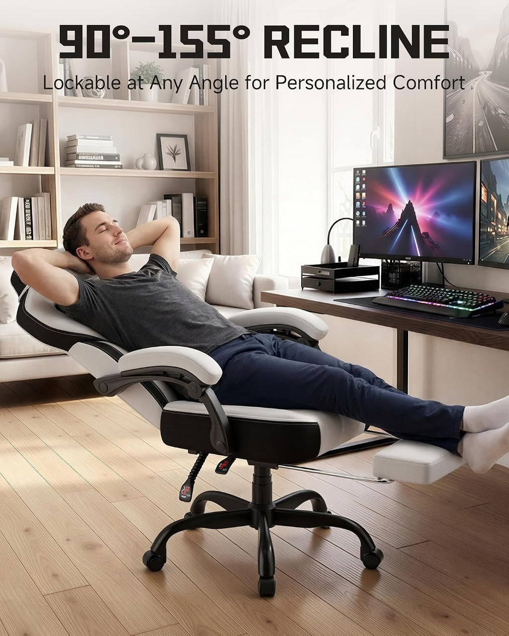 GTPLAYER Gaming Chairs for Adult - Ergonomic Big & Tall Gaming Seat with Footrest & Lumbar Support, Comfortable Office Chair 90-155° Reclining - Heavy Duty Wide Computer Seat, Bright Grey