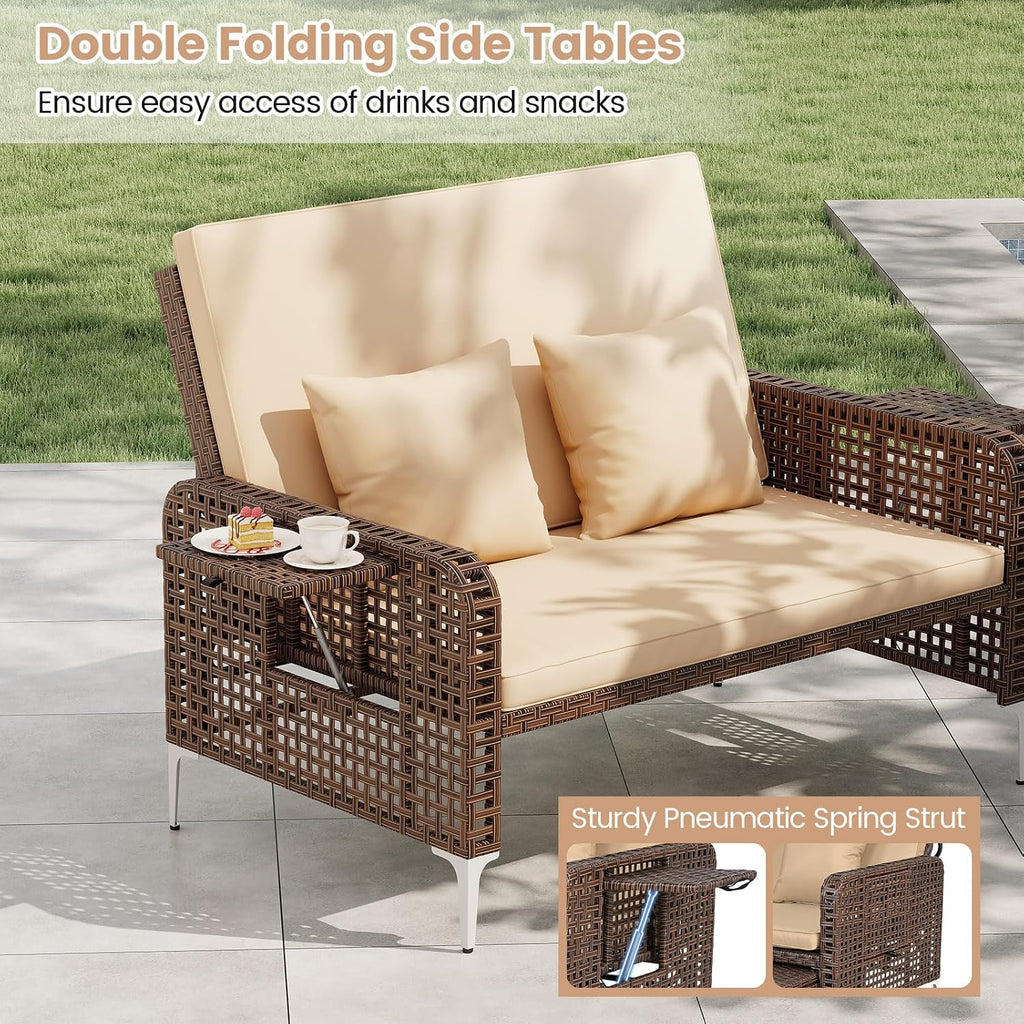 Tangkula Patio Rattan Daybed with 4-Level Adjustable Backrest, Boho Outdoor Wicker Loveseat & Storage Ottoman with Cushion, 2-Person Sun Lounger with Folding Tables for Poolside, Backyard & Garden