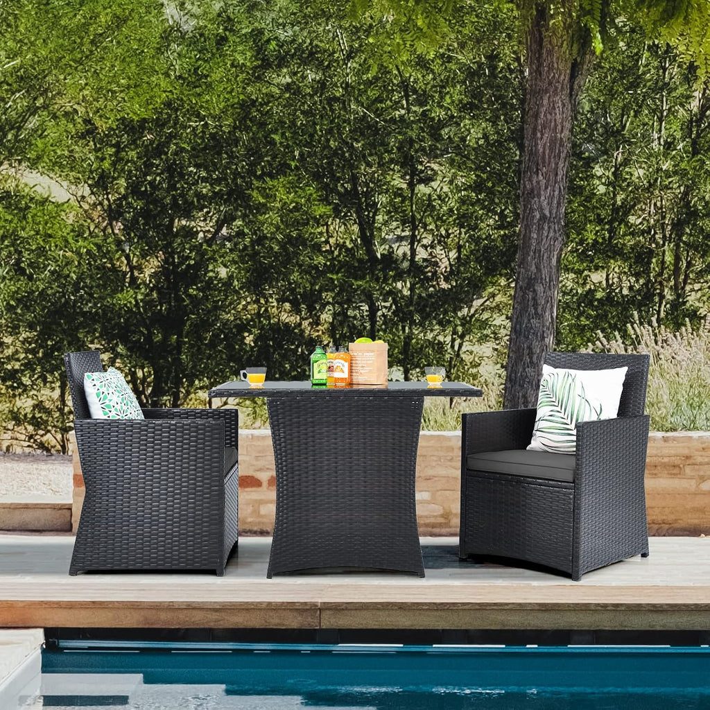 HAPPYGRILL 3 Piece Patio Furniture Set, Outdoor PE Rattan Wicker Bistro Set with Washable Cushions & Tempered Glass Table, for Backyard Porch Garden Balcony Poolside