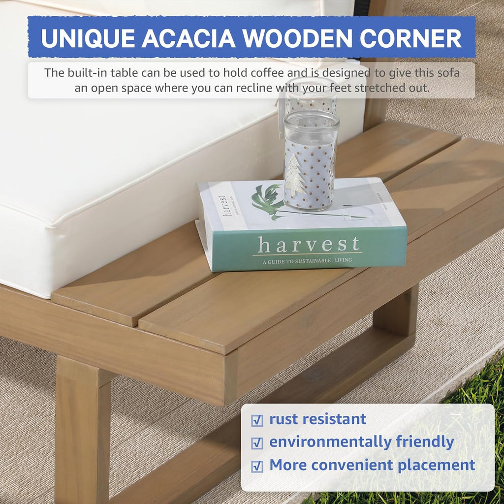 Soleil Jardin 4 Piece Acacia Wood Patio Furniture L-Shaped Outdoor Sectional Sofa Set with Coffee Table, FSC Certified Conversation Set with Built-in Side Table and Cream White Cushions for Garden