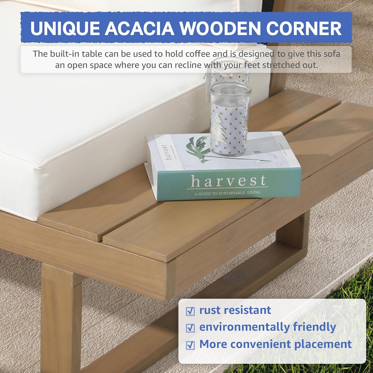 Soleil Jardin 4 Piece Acacia Wood Patio Furniture L-Shaped Outdoor Sectional Sofa Set with Coffee Table, FSC Certified Conversation Set with Built-in Side Table and Cream White Cushions for Garden