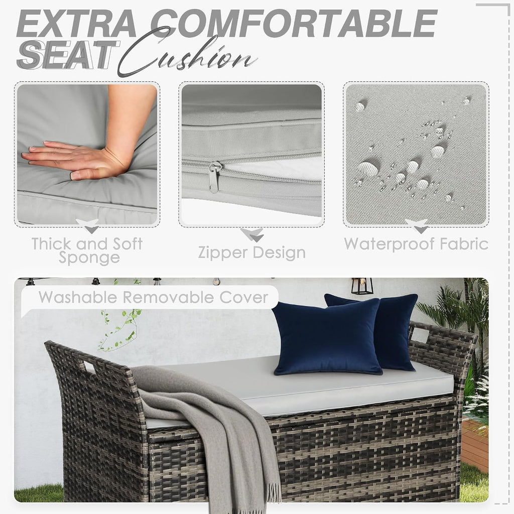 90 Gallon Patio Storage Bench, Outdoor Wicker Deck Box with Cushion, PE Rattan Box with Handles (Grey)
