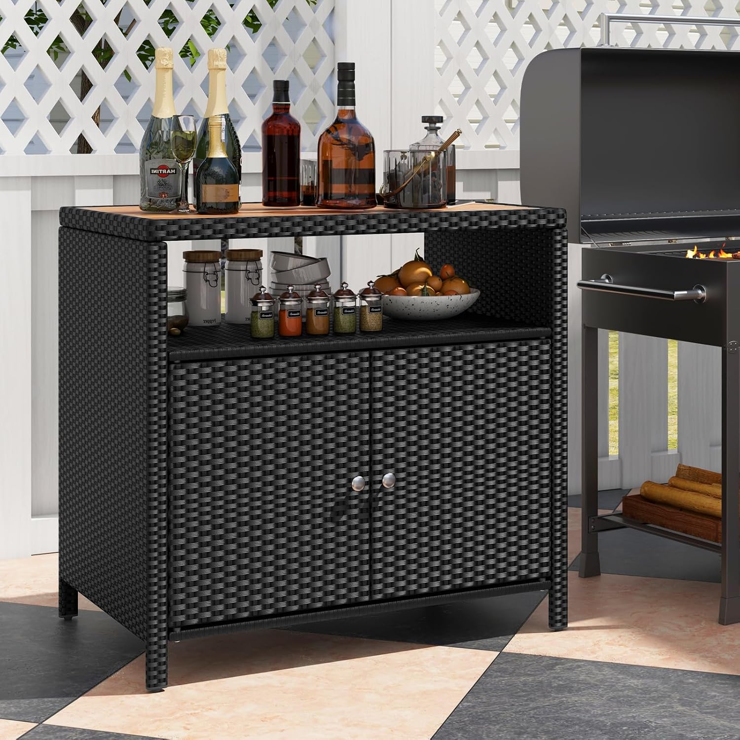HAPPYGRILL Rattan Storage Cabinet, Patio Sideboard Buffet Cabinet with Acacia Wood Countertop, Open Shelf & 2 Door Cabinet, Wicker Storage Organizer for Garden Tools (Black)