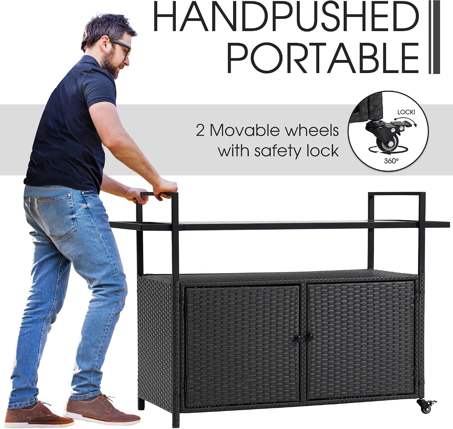 HOMEFUN Outdoor Bar Cart Table - Patio Console Storage Cabinet BBQ Grill Carts Buffet with Wheels Waterproof Wicker Serving Tables for Outside, Black