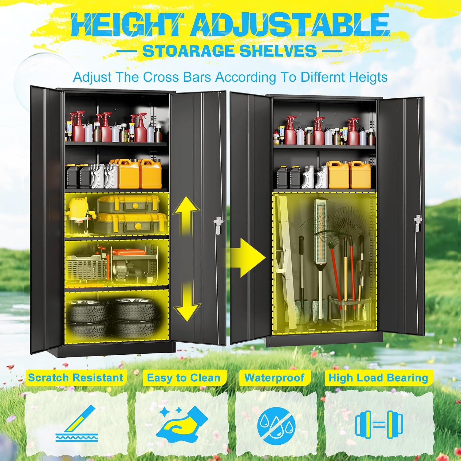 Pataku Metal Storage Cabinet, 72' Garage Cabinet with Doors and Shelves Lockable Steel Multifunctional Cabinets, Black File Cabinets for Home, Office, Garage, Warehouse(Black)