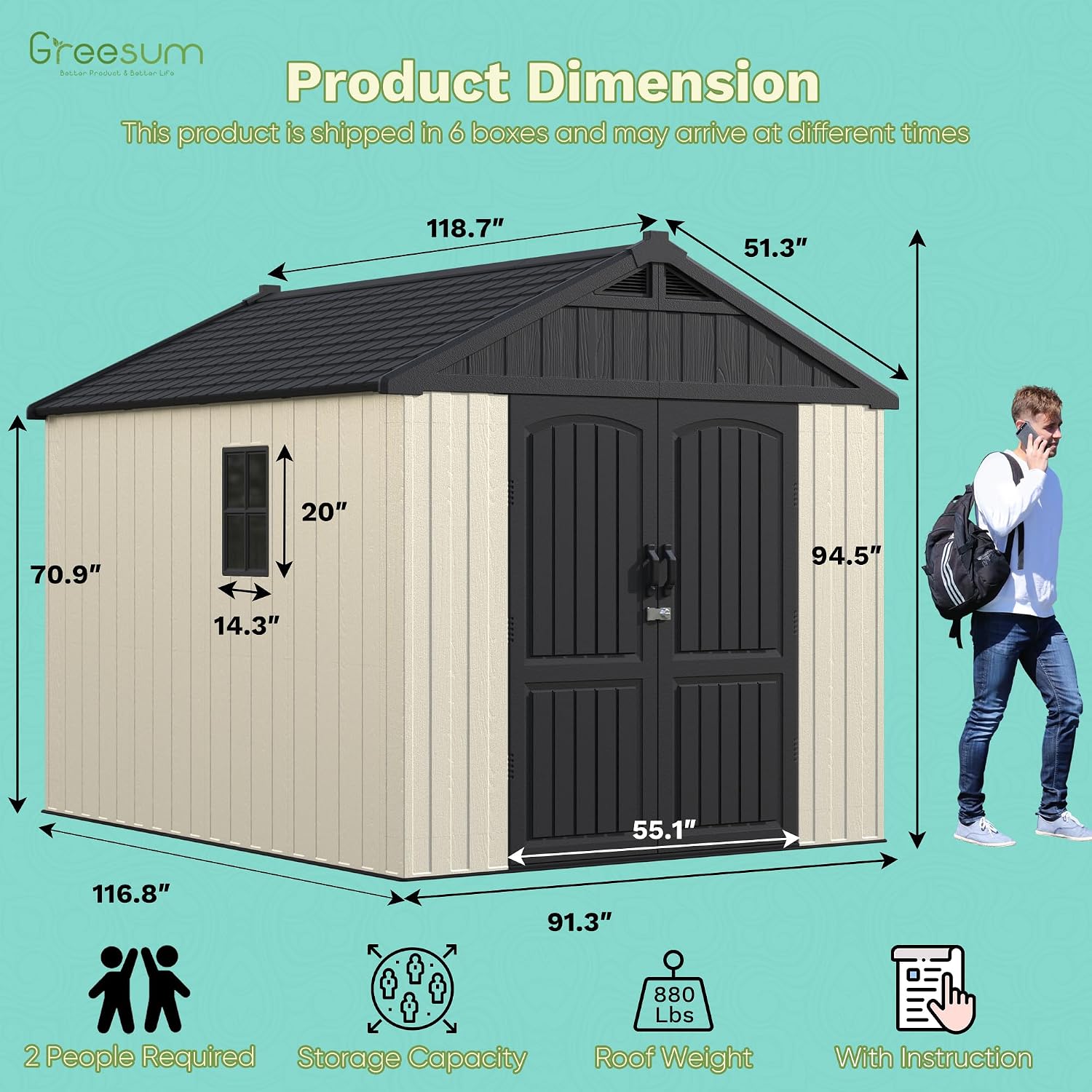 Greesum 8×10 FT Plastic Outdoor Storage Shed with Floor, Resin Sheds with Window and Lockable Door, Weather Resistant Organization for Garden, Lawn, Pool Supplies, Beige