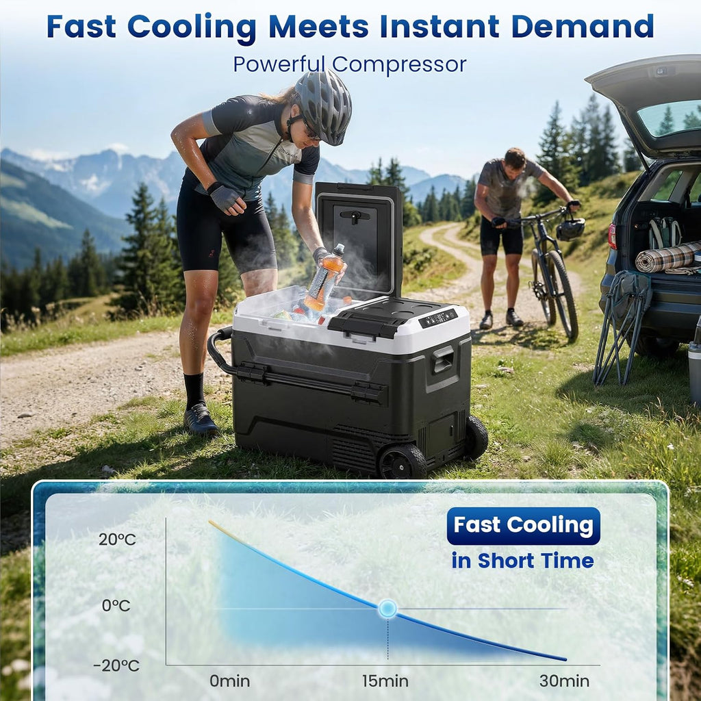 HCALORY 12 Volt Car Refrigerator 53QT/ 50L Car Fridge, Dual Zone Electric Cooler for Vehicles with Wheels and Handle -4℉~68℉, 12/24V DC 100-240V AC Portable Freezer for Camping, Travel, Truck, Home