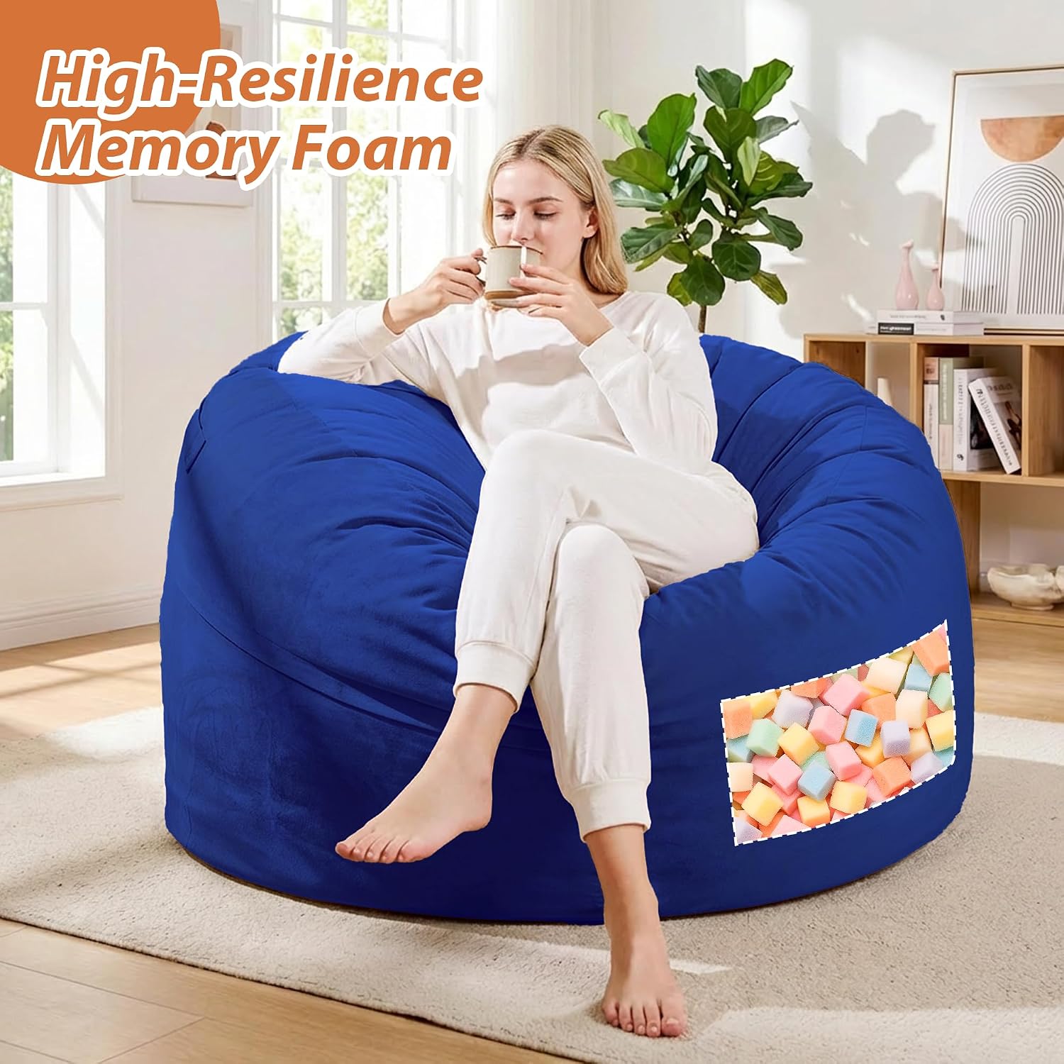 4FT Bean Bag Chair, Bean Bag Chairs for Adults and Kids, Fluffy and Comfy Bean Bag with Velvet Cover, Bean Bag with Memory Foam Filled for Gaming, Living Room, Playroom (Blue)