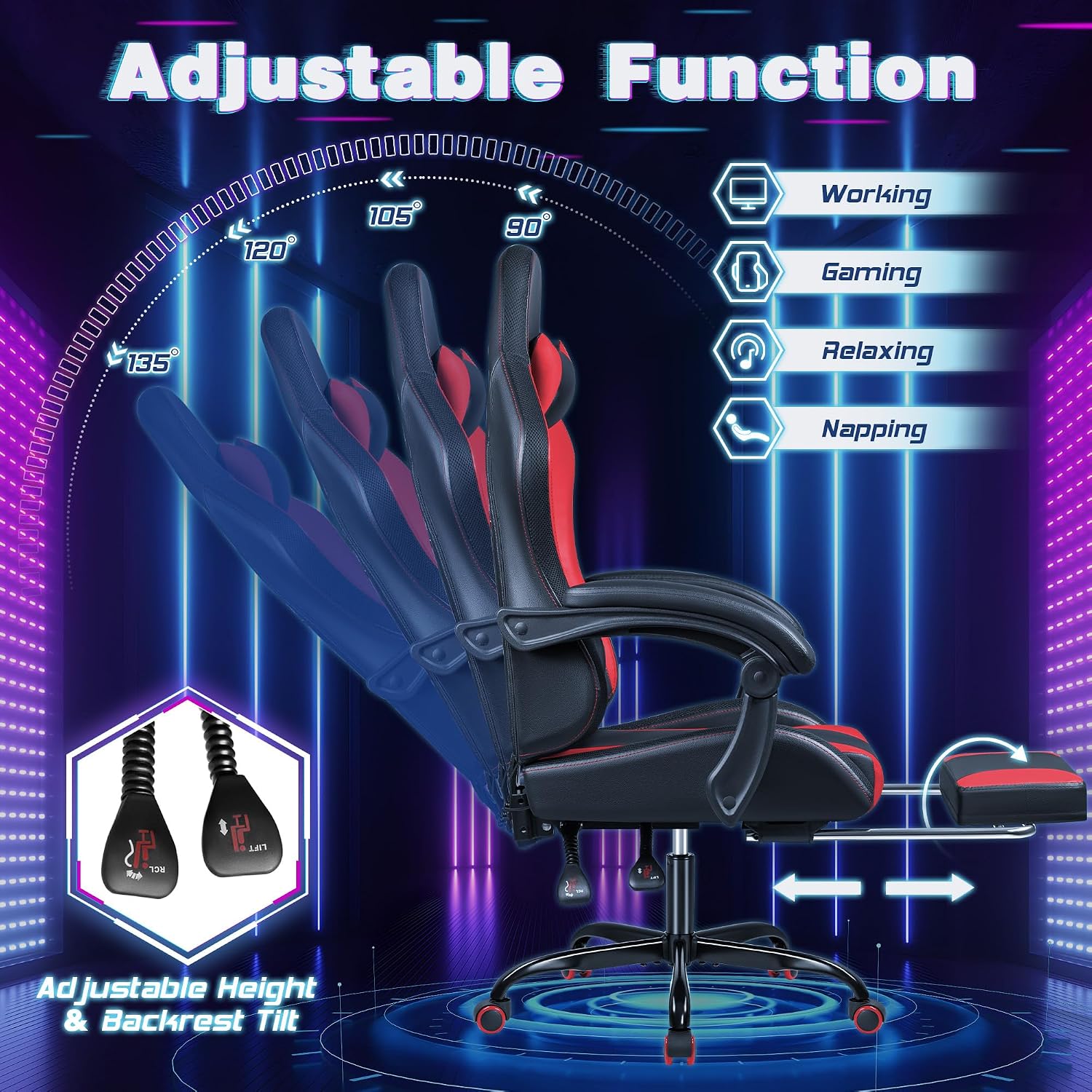 Shahoo Gaming Chair with LED Lights, Footrest and Massage Lumbar Support, Ergonomic Computer Seat Height Adjustable with 360°Swivel and Headrest, Red with RGB