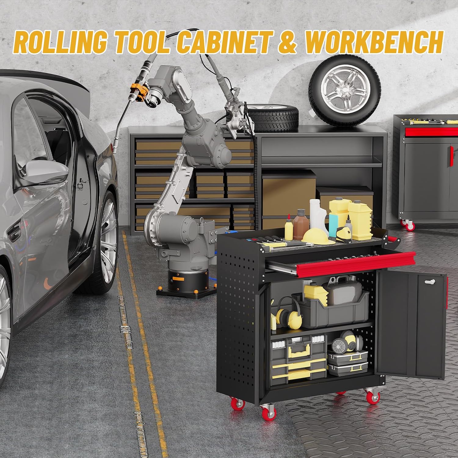 Eltean Rolling Garage Cabinets, Garage Storage Cabinet with Wheels and Workbench, Metal Cabinet with Doors and Shelf, Lockable Metal Storage Cabinets, for Home,Garages, Repair Stores, Warehouses