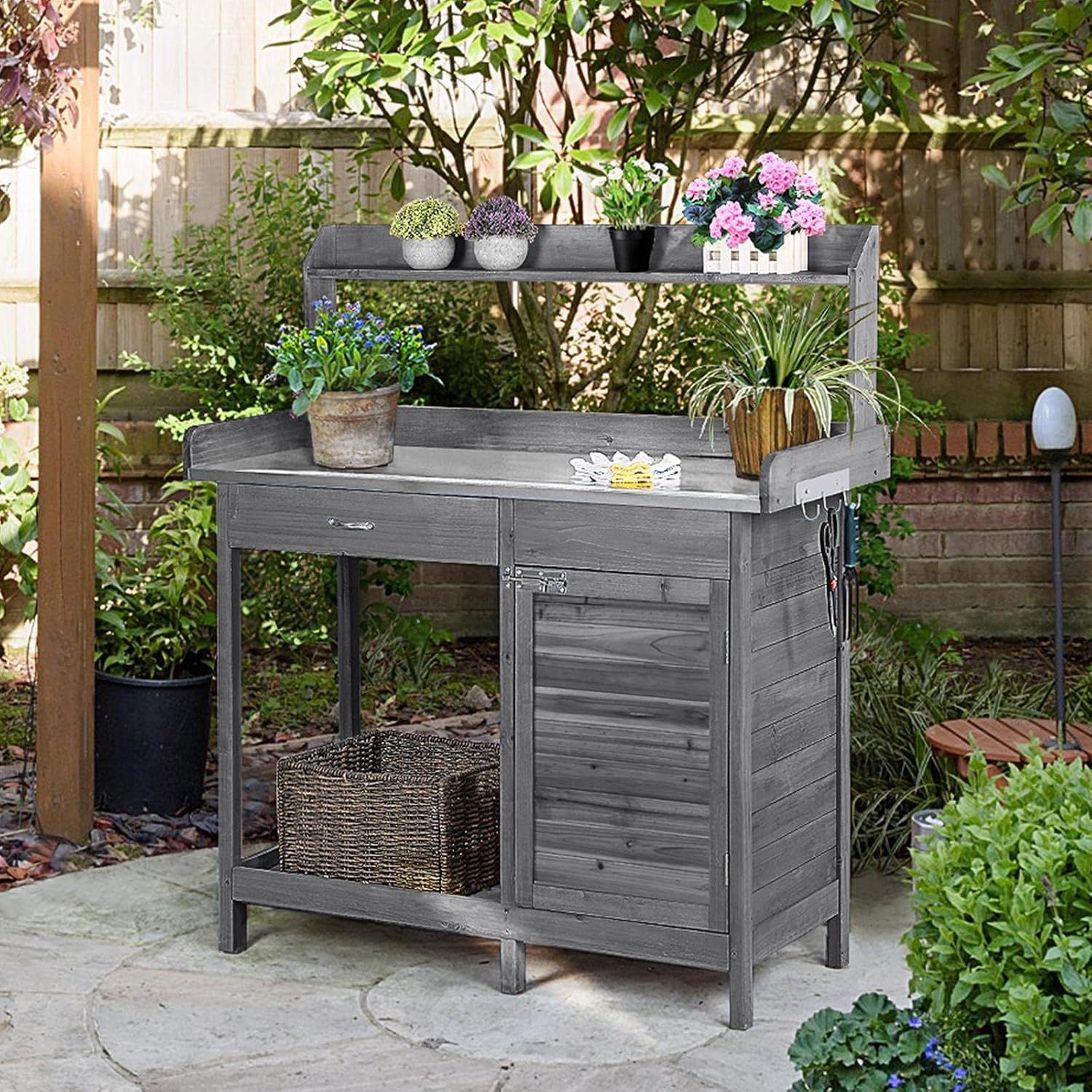 Topeakmart Garden Potting Bench Wooden Workstation Outdoor Wooden Potting Table W/Top Shelf & Lower Shelf & Cabinet Drawer & Open Shelf Gray