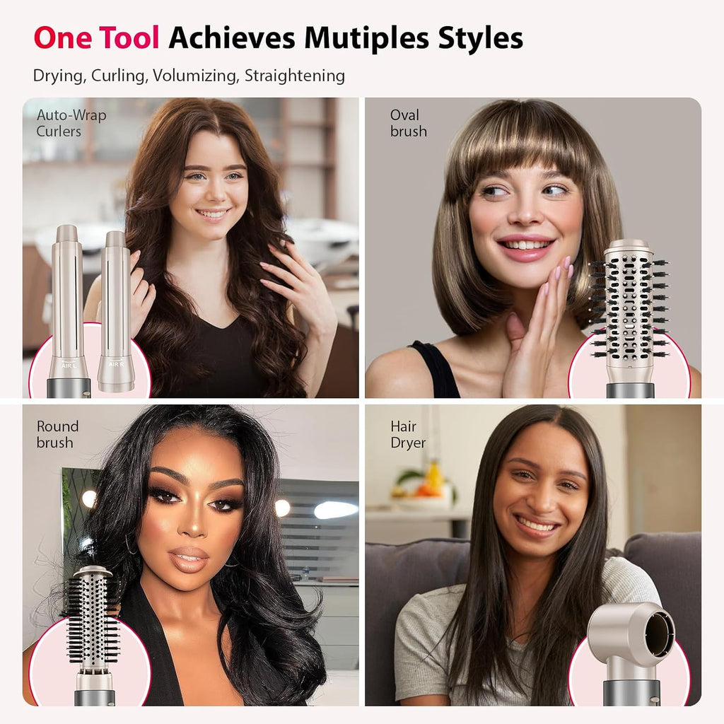 Hair Dryer 5 in 1 Hot Air Brush - 110,000 RPM High-Speed Negative Ionic Blow Dryer for Fast Drying, Multi-Styler with Auto-Wrap Curlers, Straightening Volumizing Combing Hair Styler, Multi Oval Brush