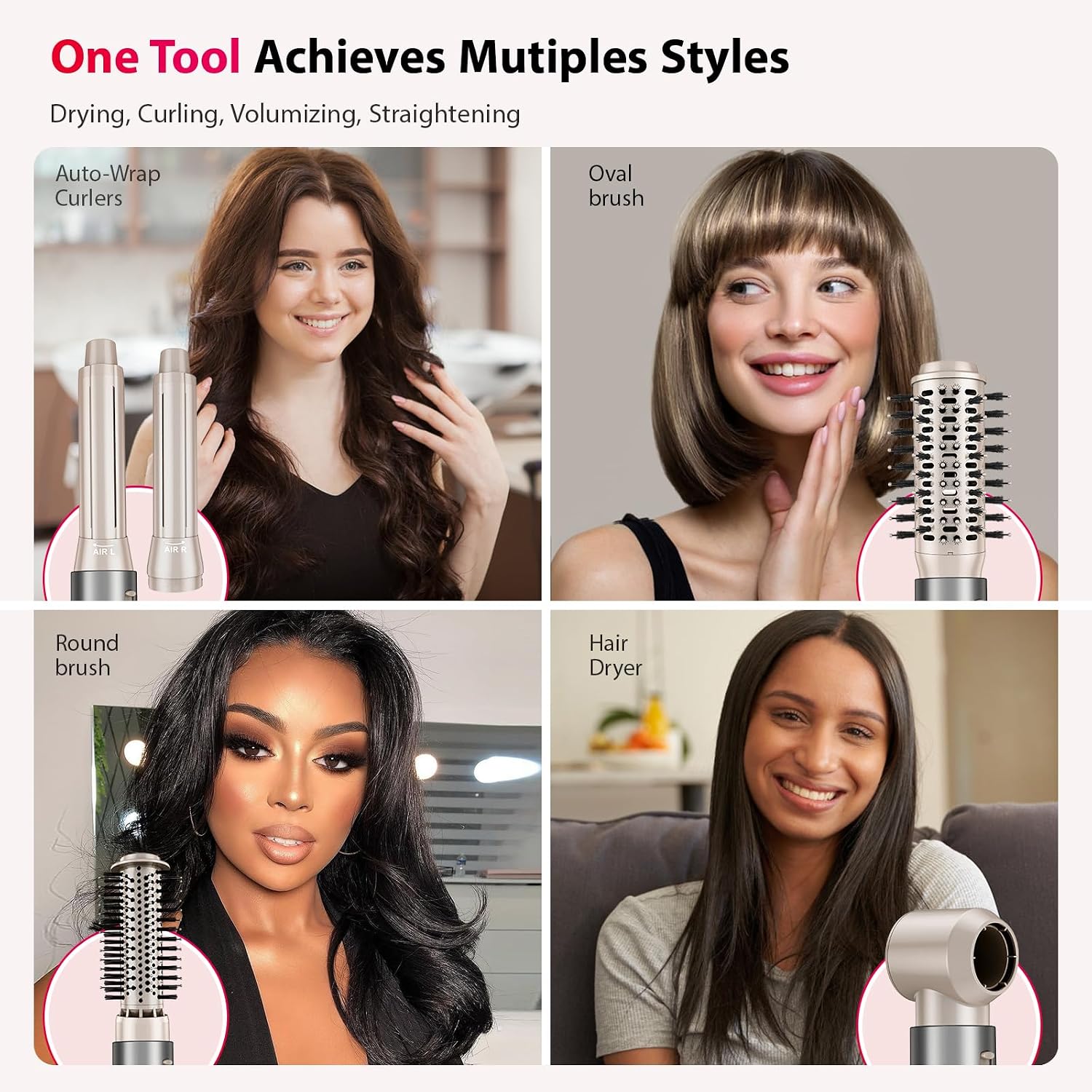 Hair Dryer 5 in 1 Hot Air Brush - 110,000 RPM High-Speed Negative Ionic Blow Dryer for Fast Drying, Multi-Styler with Auto-Wrap Curlers, Straightening Volumizing Combing Hair Styler, Multi Oval Brush