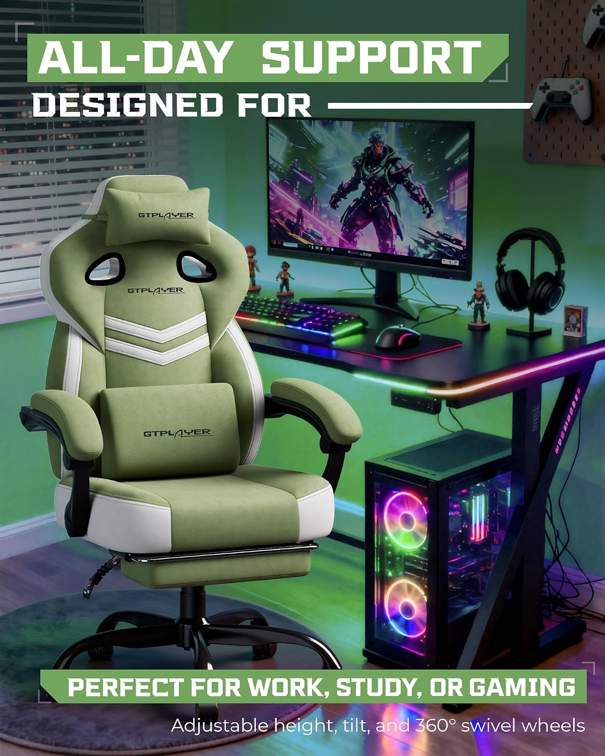 GTPLAYER Gaming Chairs for Adult - Ergonomic Big & Tall Gaming Seat with Footrest & Lumbar Support, Comfortable Office Chair 90-155° Reclining - Heavy Duty Wide Computer Seat, Sage Green