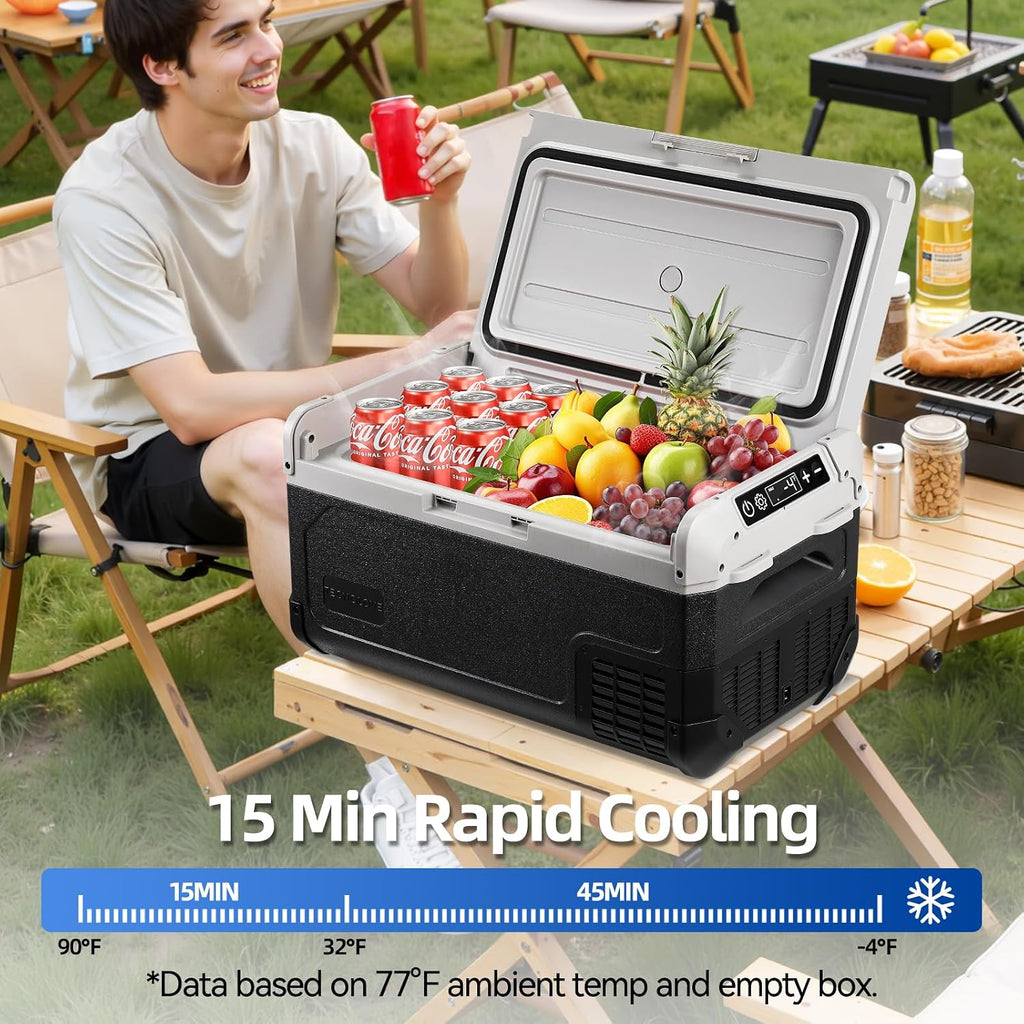 12V Car Refrigerator,32QT Portable Fridge Freezer with Blow Expansion Evaporator,-4℉~68℉ 12/24V DC & 120-240V AC Freezer Cooler for Truck RV SUV Camping Travel，Reversible Door