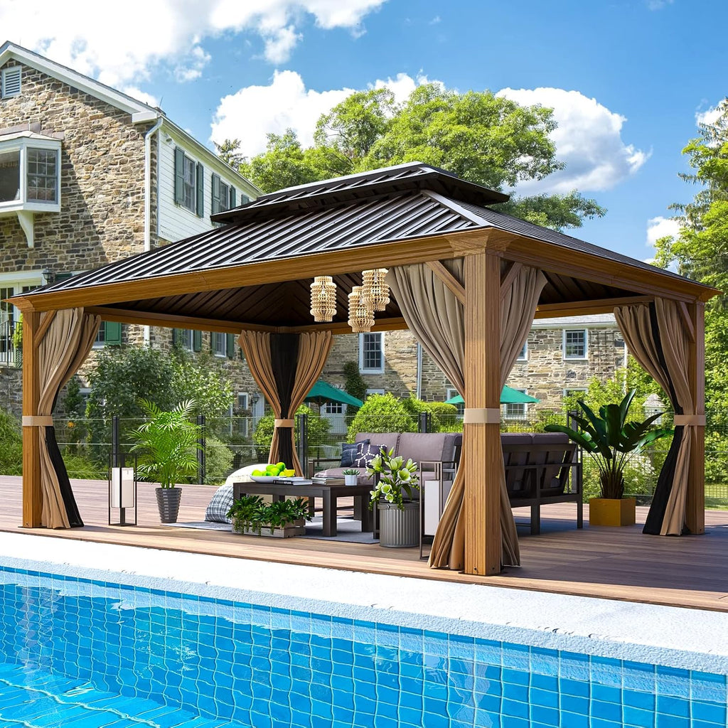 EROMMY 12'x16' Hardtop Gazebo, Wood Grain Aluminum Frame Outdoor Gazebo with Galvanized Steel Roof, Permanent Metal Pavilion with Curtains and Nettings for Patio, Backyard, Deck and Lawns