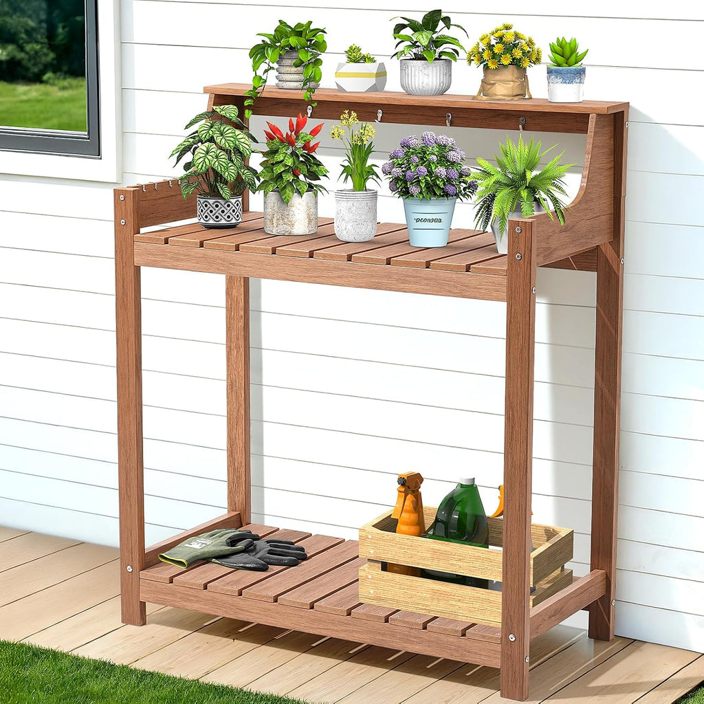 ONBRILL HDPS Potting Bench, All Weather Potting Table with 8 Hooks and Highten Tabletop, Easy Assembly Garden Work Bench, Outdoor Potting Benches for Outside Patio Lawn, 360LBS Capacity, Teak