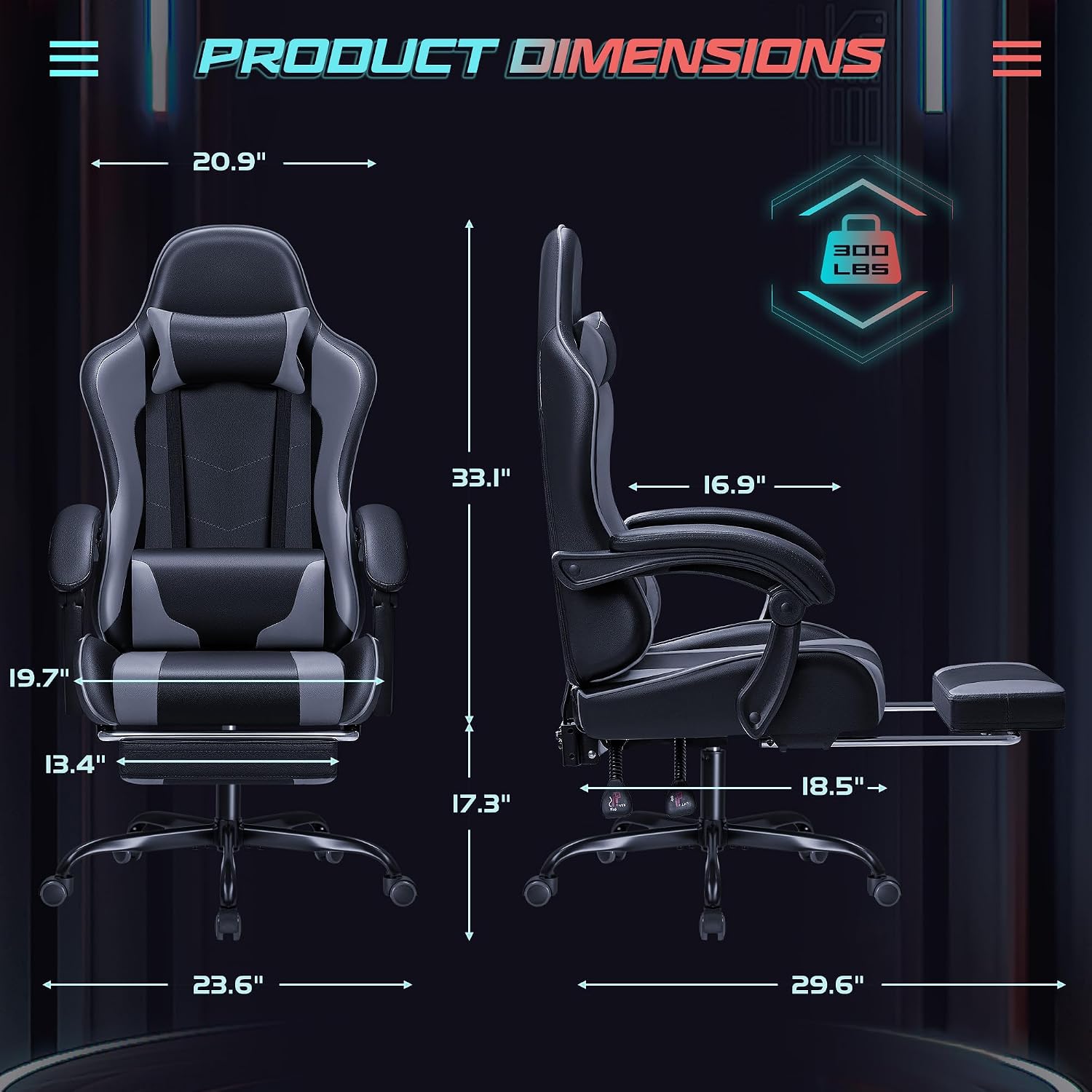 JUMMICO Gaming Chair Ergonomic Computer Chair with Footrest and Massage Lumbar Support, Height Adjustable Video Gaming Chair with 360° Swivel Seat and Headrest (Grey)