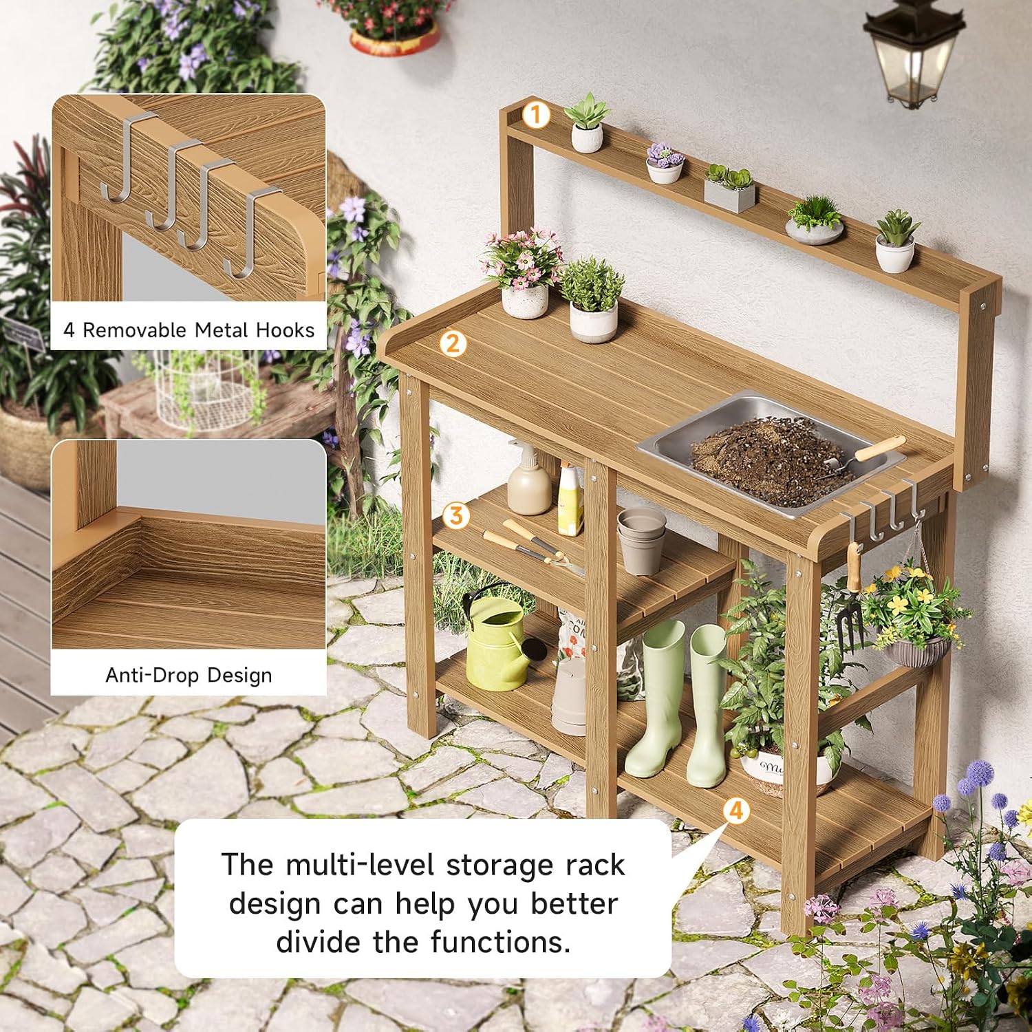 ONBRILL Potting Bench, Outdoor Potting Bench Table with Removable Sink, HDPS Potting Benches for Outside, Garden Table with Storage Shelves & 4 Side Hooks, No Rot, No Fade, No Break, 360lbs Capacity