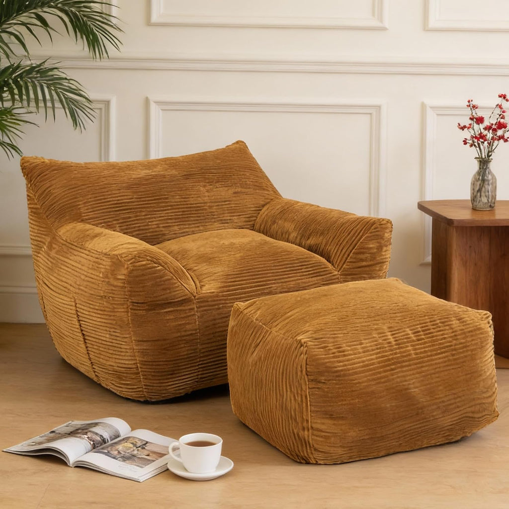 Giant Bean Bag Chair with Ottoman, Comfy Bean Bag Couch with 2 Side Pocket, Corduroy Boneless Couch Chair in a Box, Stuffed Lounge Floor Sofa for Dorm, Bedroom, Living Room, Brown