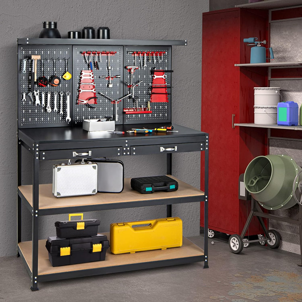Goplus Work Bench with Storage, 48' x 24' Work Table with Pegboard, 2 Drawers, Hanging Accessories, Topping Space, 4-Tier Heavy Duty Metal Tool Storage Bench, Workbench for Garage, Workshop