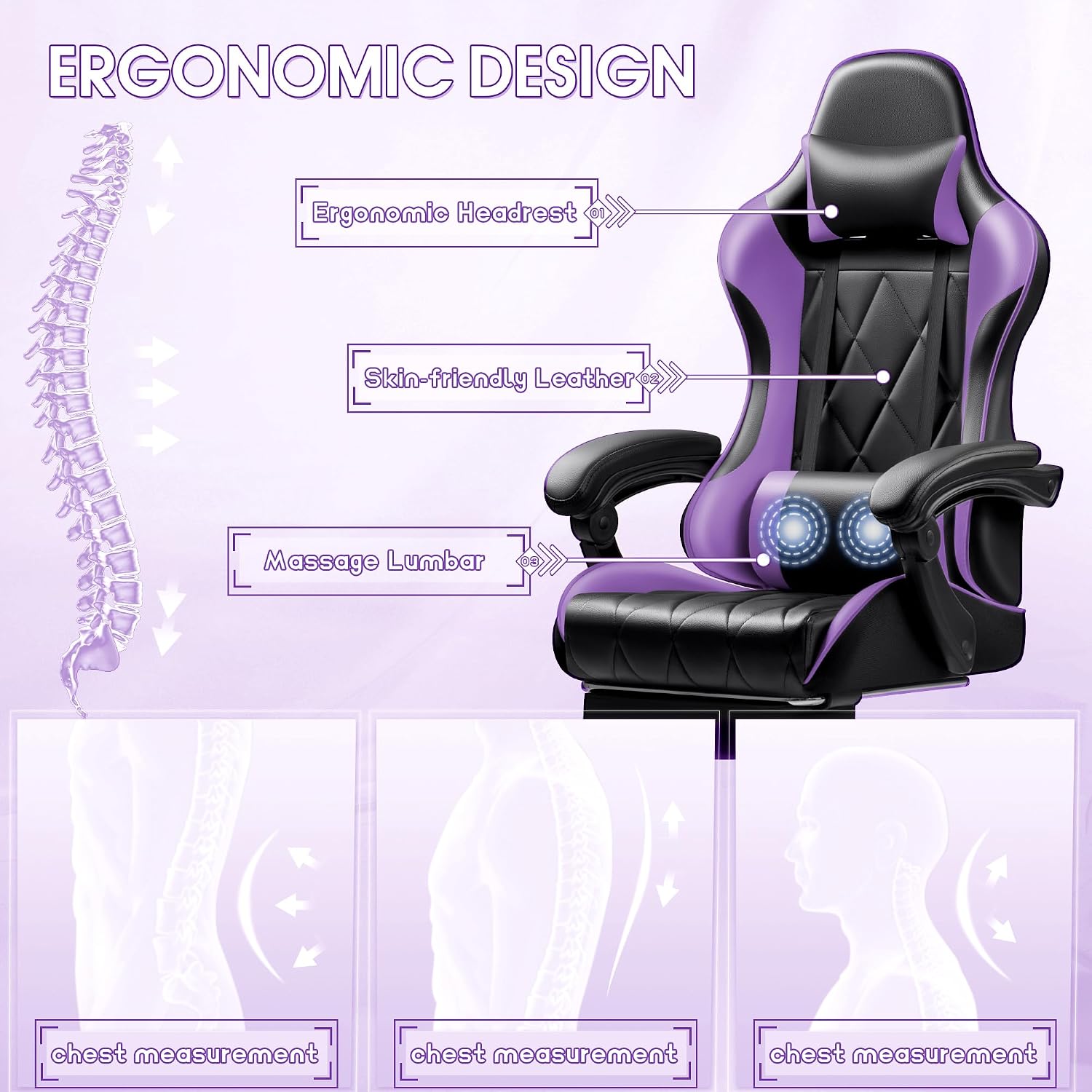 Shahoo Gaming Chair with Footrest and Massage Lumbar Support, Ergonomic Computer Seat Height Adjustable with 360°Swivel and Headrest, Purple