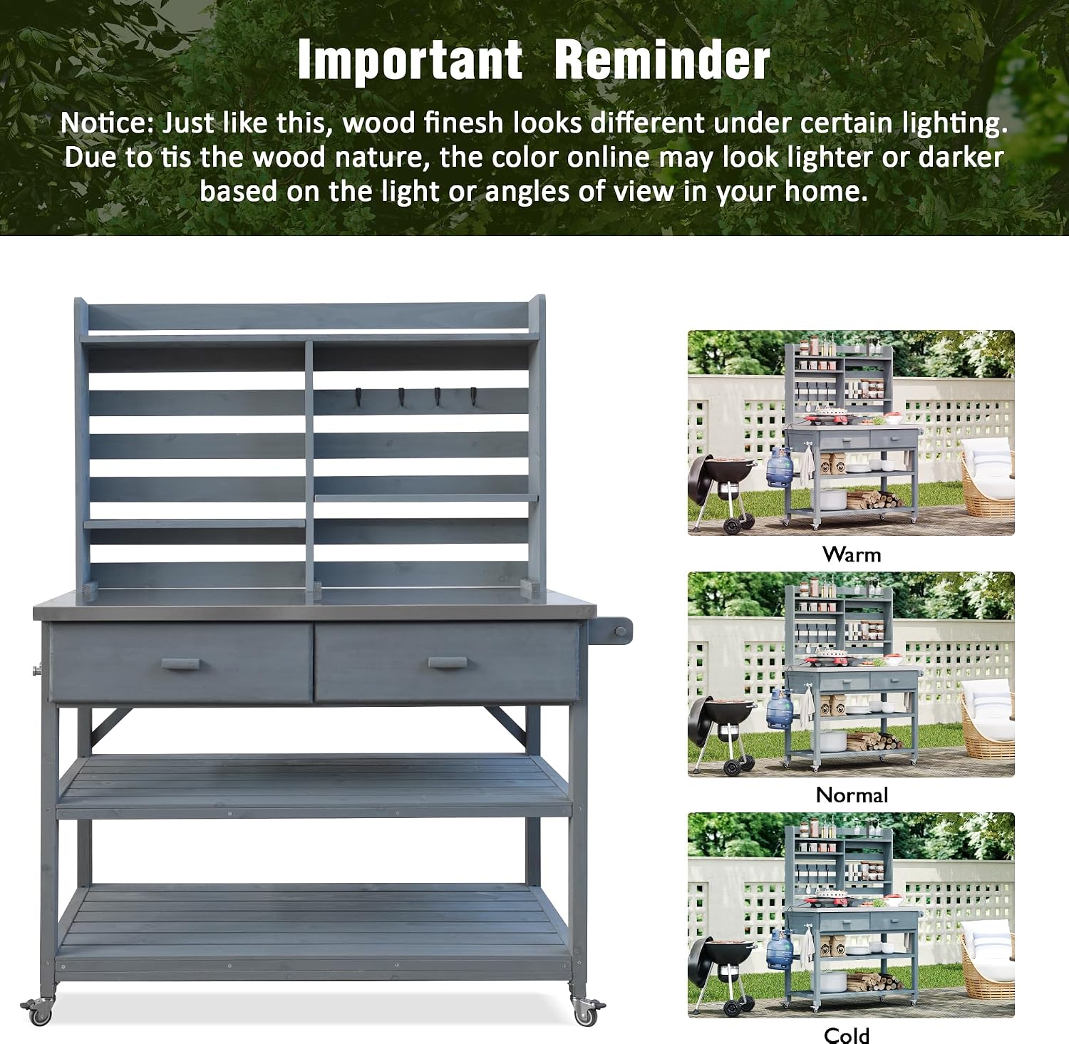 H Outdoor Potting Bench Table with Lockable Wheels, Solid Wood Outdoor Kitchen Island with Upper Hutch, Stainless Steel Top, Storage for Grilling, Lawn & Garden (Grey+Blue/F, 64.9')