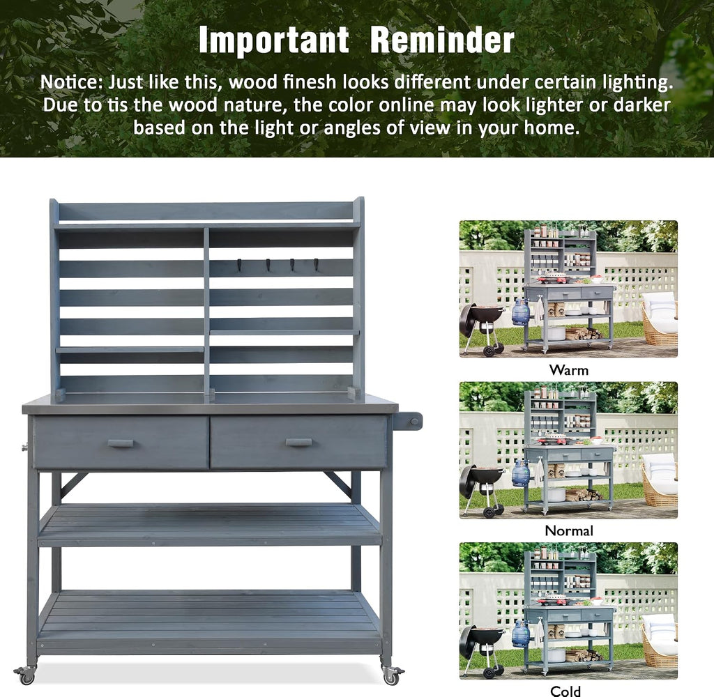 Outdoor Potting Bench Table on Wheels, Solid Wood Storage Island Gardening Workbench with Upper Hutch, Stainless Steel Top, Towel Rack for Outside Garden, Patio, Greenhouse, Gray Blue