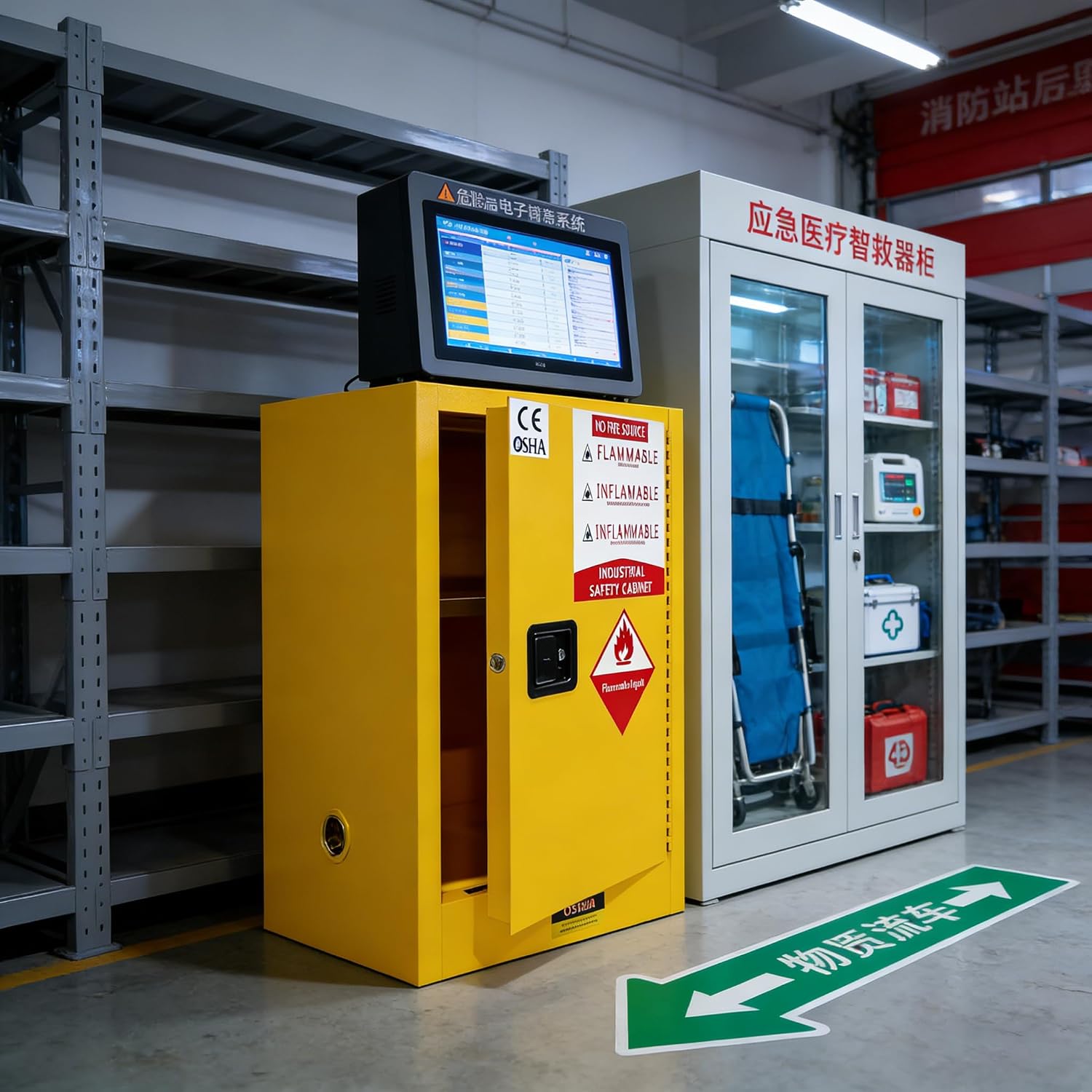 Flammable Safety Cabinet, 38' H x 28' D x 24' W, Yellow, Industrial, Slab Door, Floor Mount, Steel, Powder Coated, Adjustable Shelf, for Commercial Industrial Home Use, Tools, Laboratory