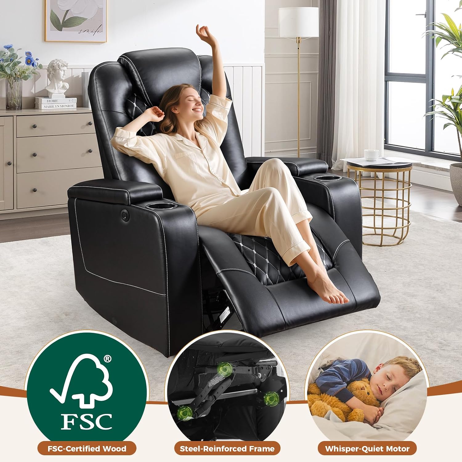 ANJ Power Recliner Chair Set of 4, Electric Soft Faux Leather Reclining Home Theater Seating - USB Ports, Cup Holders, Hidden Arm Storage Movie & Media Room Chairs (Black)