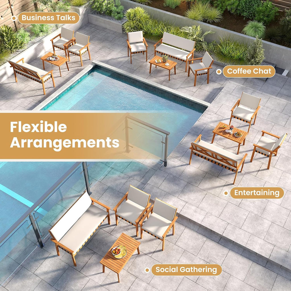 Tangkula 8 Pieces Wood Patio Furniture Set, Outdoor Acacia Wood Cuhioned Conversation Set with Coffee Table, for Backyard,Porch,Garden,Lawn