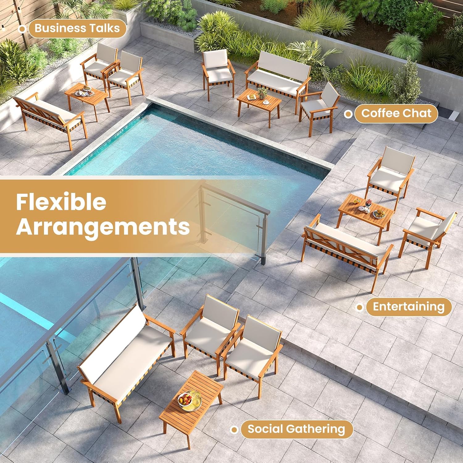 Tangkula Acacia Wood Patio Furniture Set, 4 Piece Thick Cushioned Outdoor Conversation Set with 800lbs Capacity Loveseat, 2 Armchairs and Coffee Table, for Backyard, Garden, Deck
