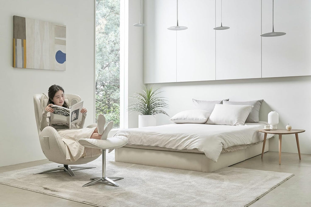 Nouhaus Classic Massage Chair with Ottoman. White Leather Lounge Chair, with Percussive & Shiatsu Chair Massager, Bluetooth Speaker and Recliner. Cozy Bedroom Chair with Spot and Full Body Massager