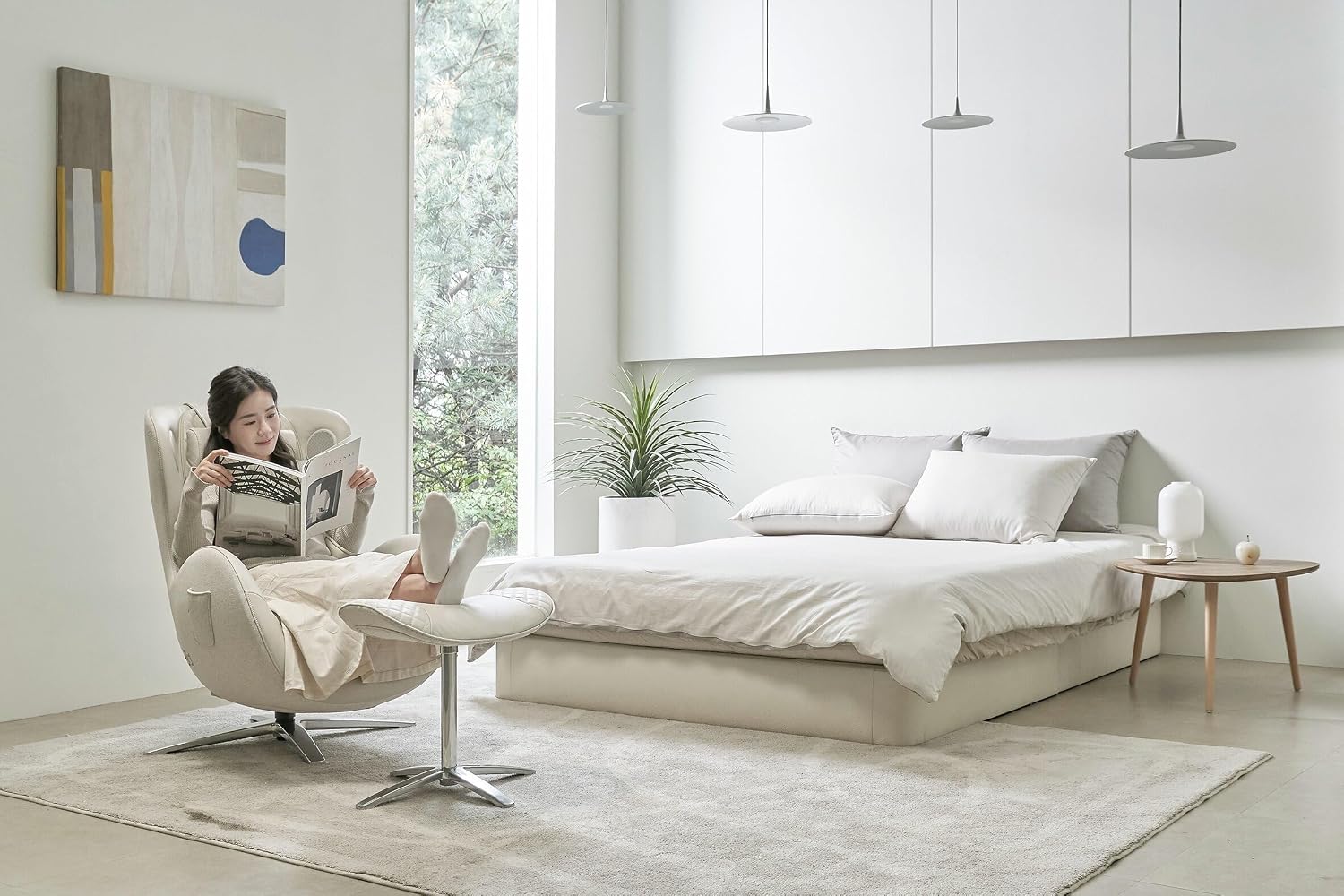 Nouhaus Classic Massage Chair with Ottoman. White Leather Lounge Chair, with Percussive & Shiatsu Chair Massager, Bluetooth Speaker and Recliner. Cozy Bedroom Chair with Spot and Full Body Massager