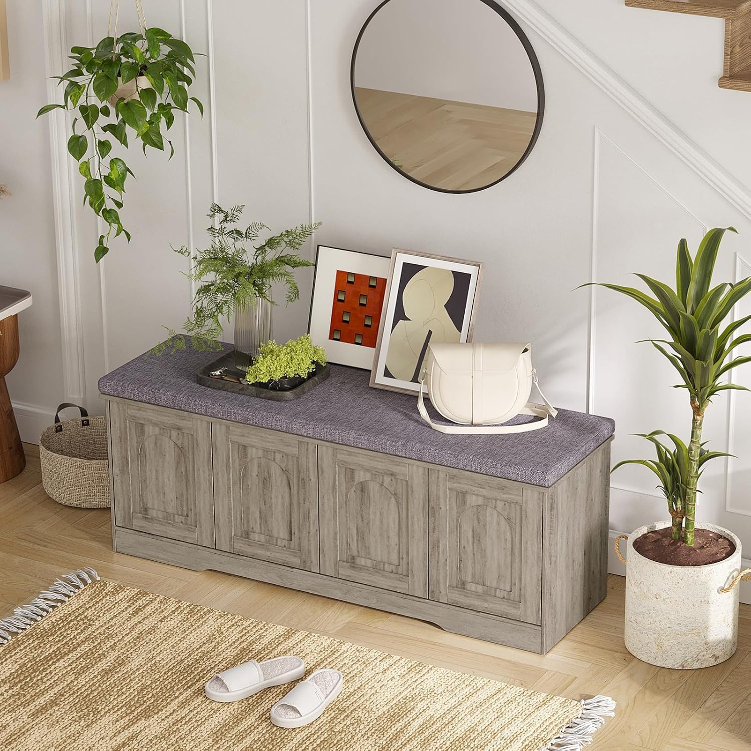 DINZI LVJ Shoe Bench, Entryway Storage Bench with Doors, Cushion, 2-Tier Shoe Rack with 8-Cubby, 47.2'L x 13.8'W Shoe Organizer Cabinet, Adjustable Shelf, Living Room, Bedroom, Gray Wash