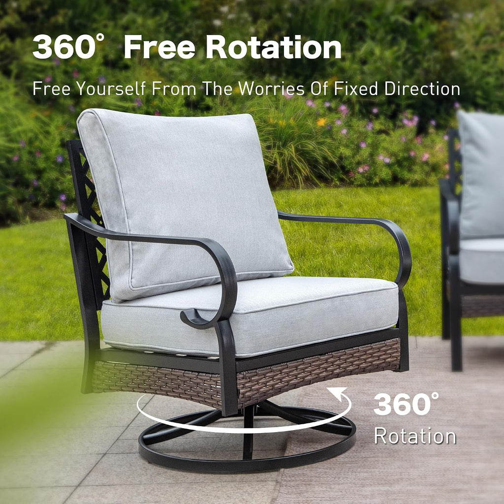SUNSHINE VALLEY 4 Piece Black Metal Outdoor Patio Furniture Sets with Firepit Table, Patio Conversation Sets 1 3-Seater Sofa, 2 Swivel Sofa with 5.75' Cushion Backyard Furniture for Deck, Light Gray