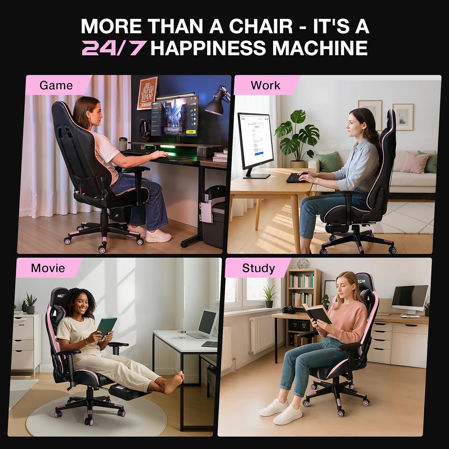 Douxlife 7-Point Massage Gaming Chair with Footrest, 400lbs Heavy Duty Ergonomic Computer Chair, 175° Reclining High Back Racing Seat for Adults with Adjustable Armrests & Lumbar Support, Black Pink
