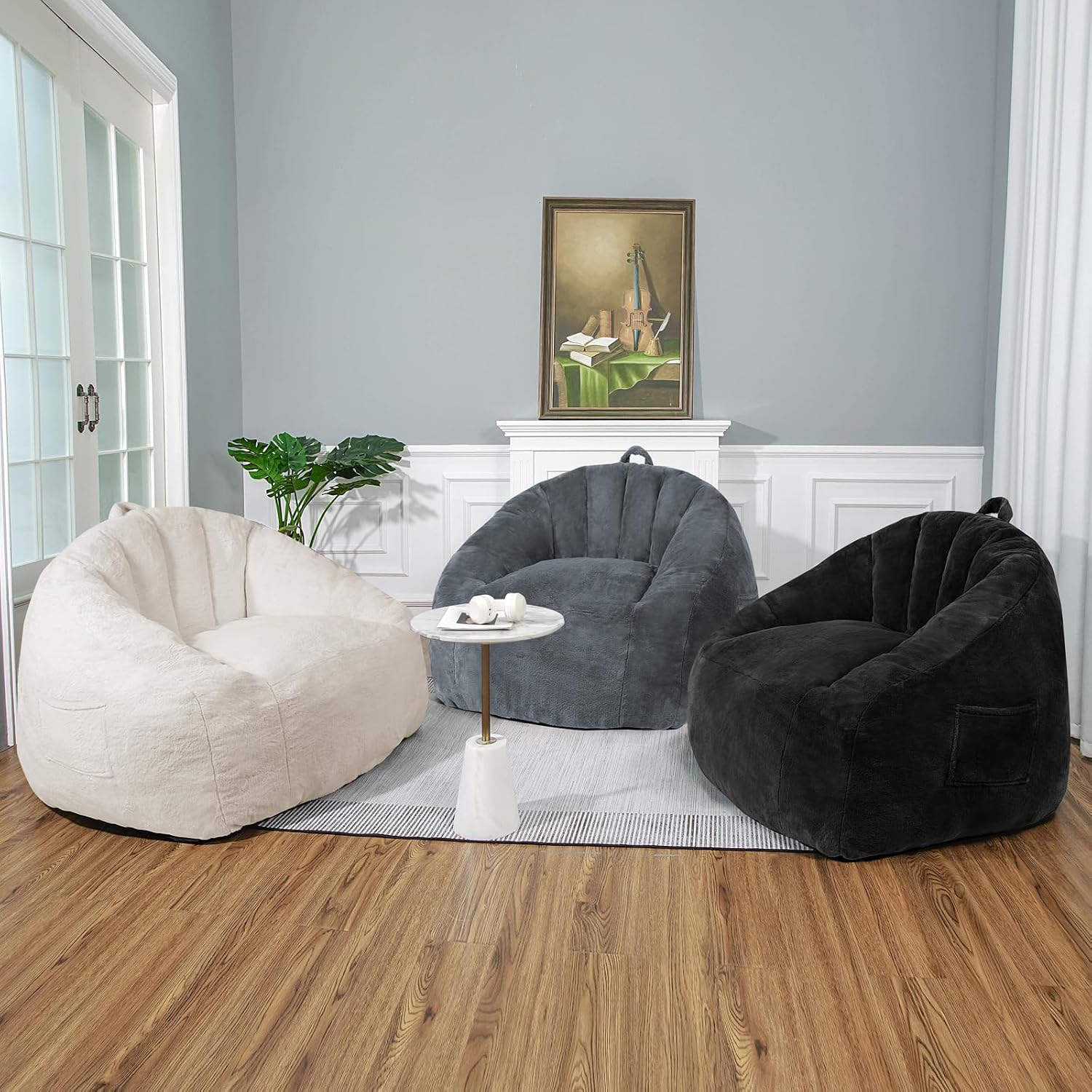 Giant Bean Bag Chair for Adults and Kids, Oversized BeanBag Couch Filler with Memory Foam, Faux Fur Shell-Shaped Boneless Chair for Reading, Stuffed Big Accent Sofa Living Room, Black