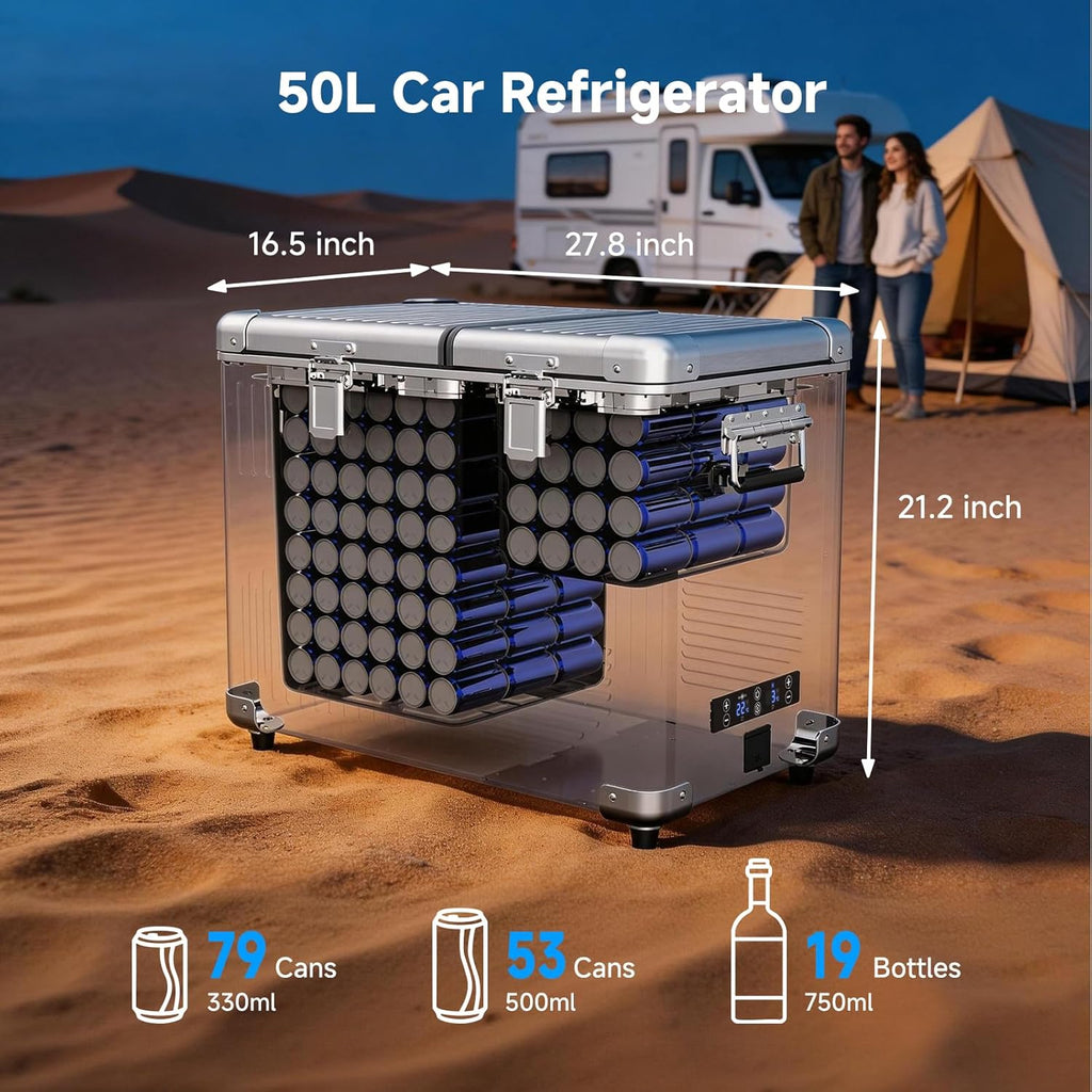 BODEGA 53 Quart (50L) Portable Car Refrigerator, 12V Dual Zone Car Fridge Freezer, Lightweight Aluminum Electric Cooler with Compressor, -4°F to 68°F, DC/AC for Truck, RV, Camping, Van, Home Use