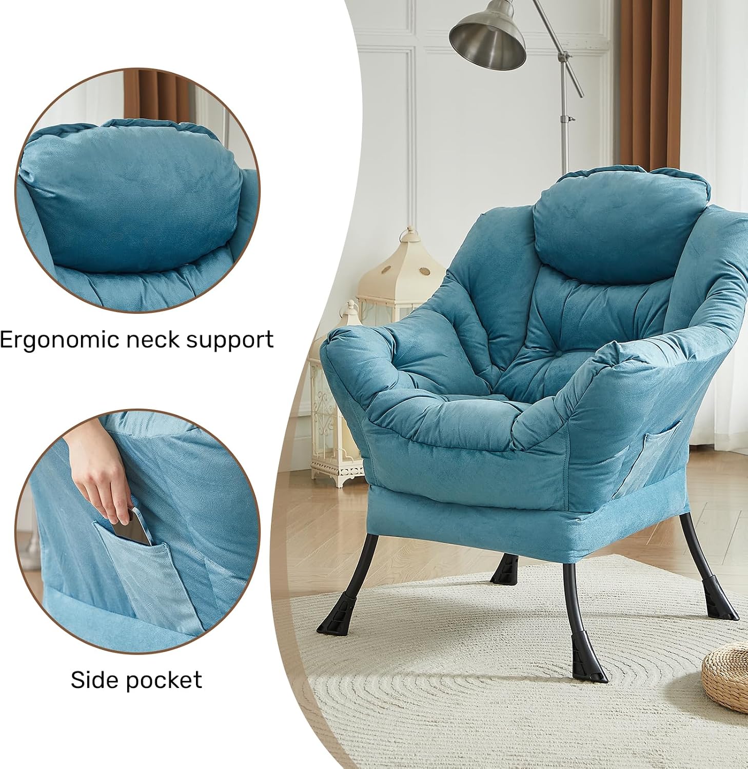 HollyHOME Lazy Chair with Armrest and Side Pocket, Comfy Accent Lounge Chair,Leisure Sofa Armchair for Living Room, Bedroom, Dorm, or Small Spaces, Oversized Reading Sofa Chair, Textured Blue