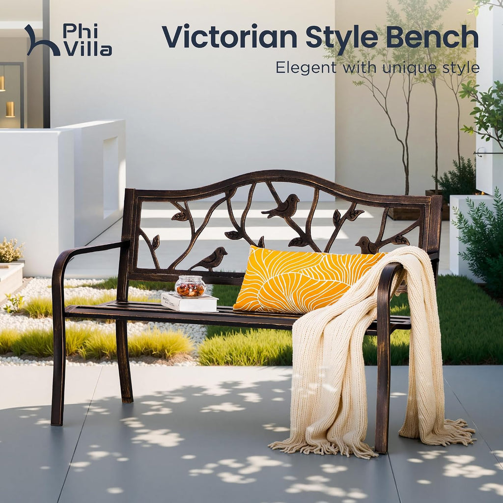 PHI VILLA Outdoor Garden Park Bench Patio 50' Metal Bench, Steel Frame Bench with Backrest and Armrests for Porch, Lawn, Balcony, Backyard and Indoor, Bronze