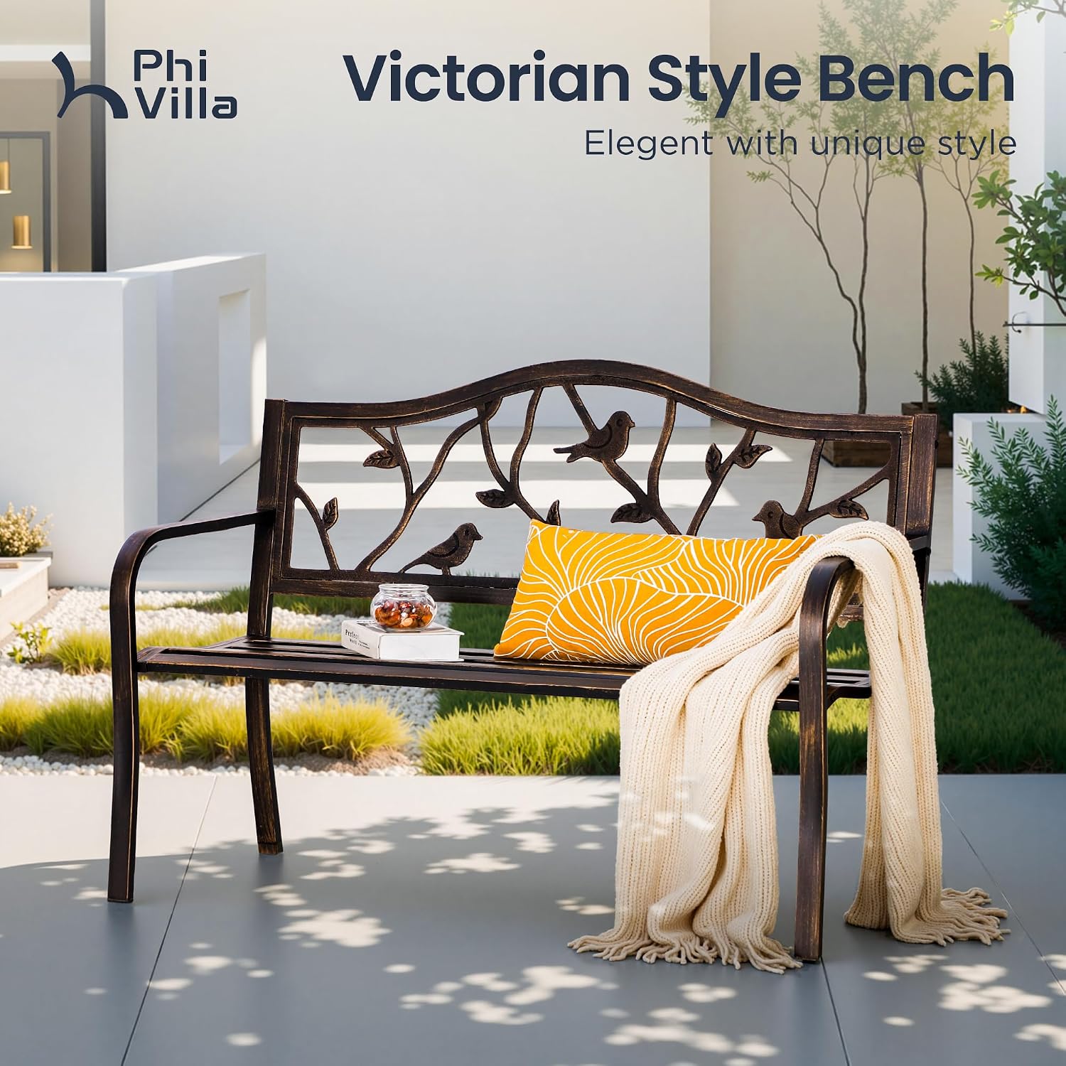 PHI VILLA Outdoor Garden Park Bench Patio 50' Metal Bench, Steel Frame Bench with Backrest and Armrests for Porch, Lawn, Balcony, Backyard and Indoor, Bronze